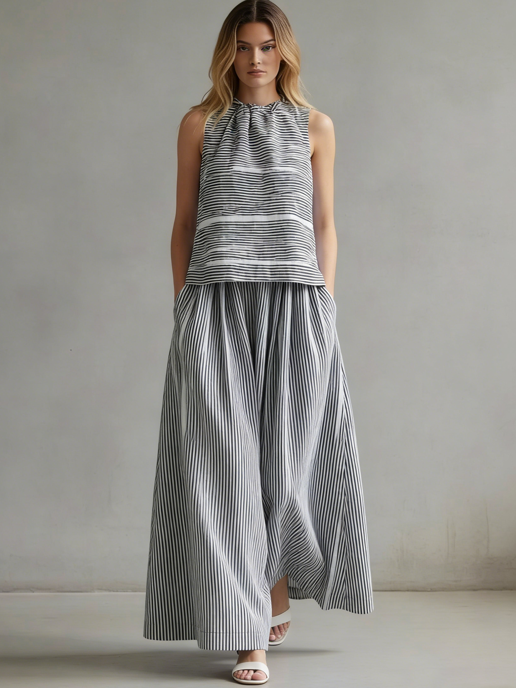 Stylish Sleeveless Linen And Cotton Striped Top And Skirt Two-piece Set