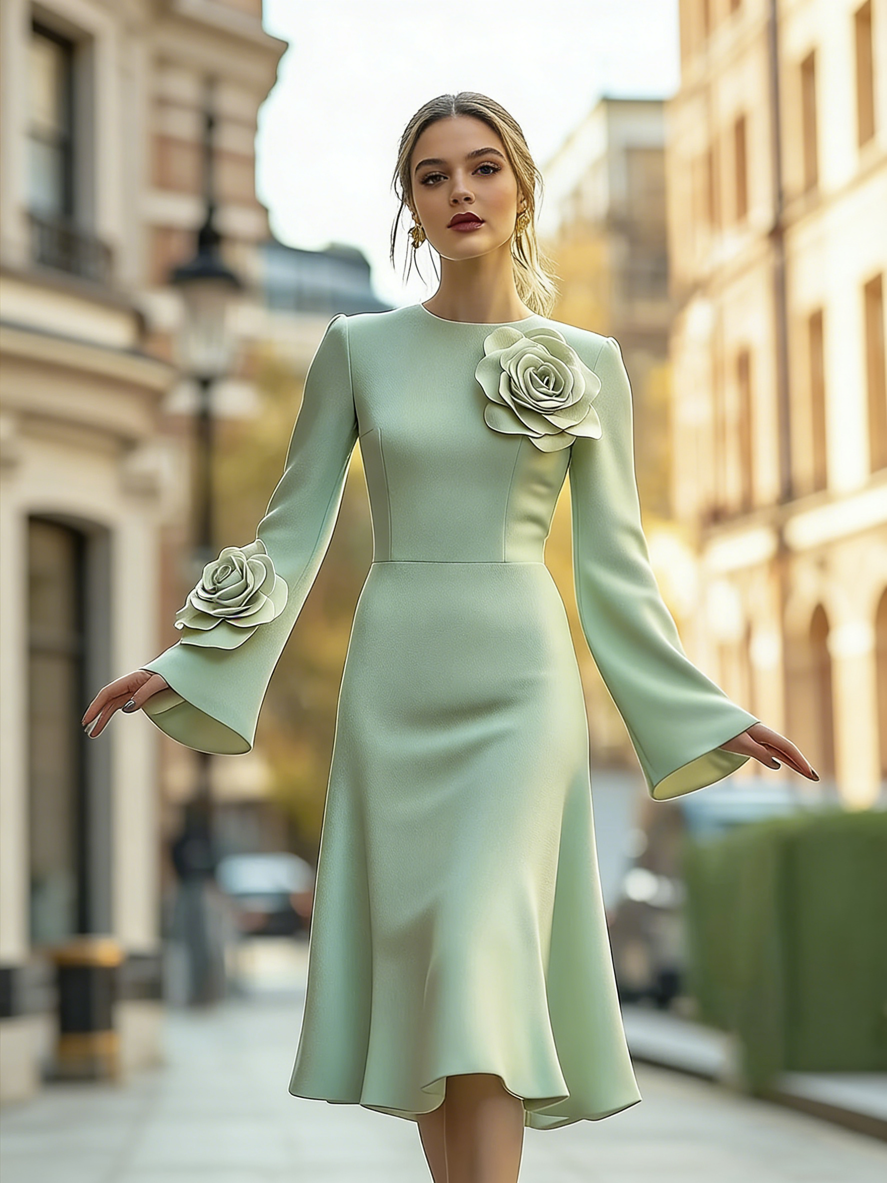 Women's Elegant Mint Green Floral Applique Dress