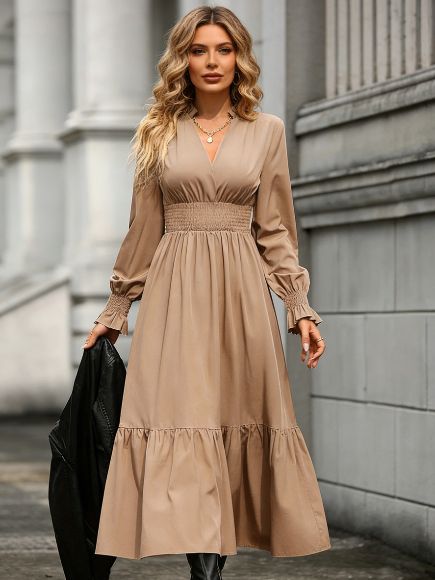 Elegant Beige V-Neck Long Sleeve Maxi Dress