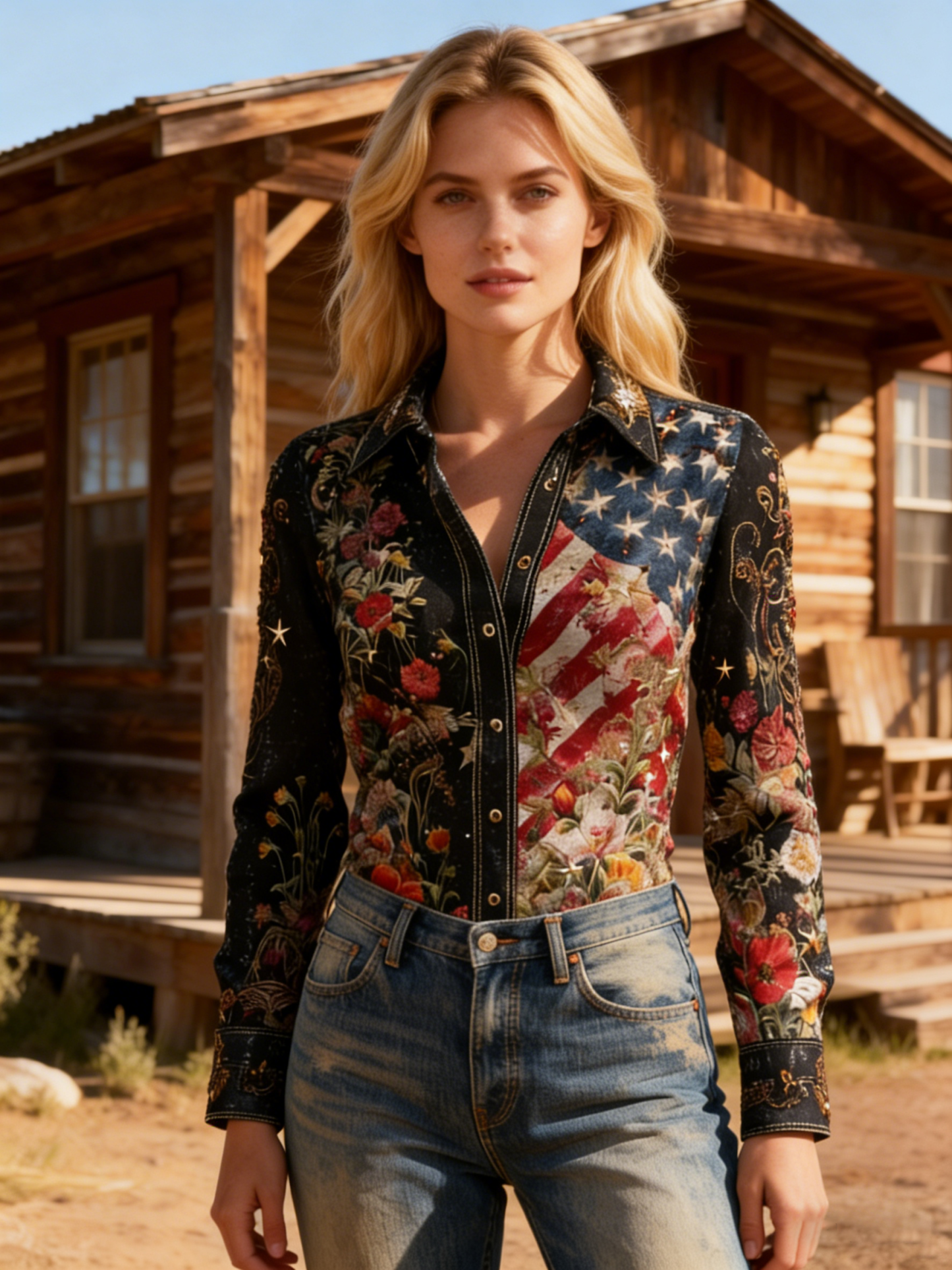 Women's Floral & Flag Panel Star Print Shirt