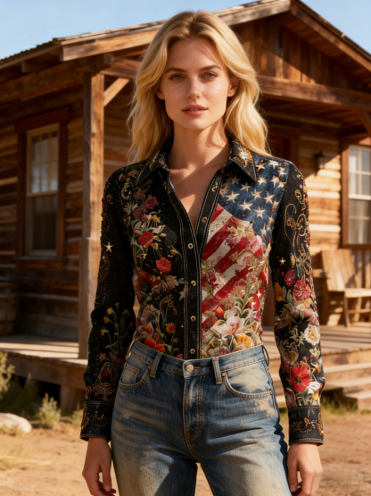 Women's Floral & Flag Panel Star Print Shirt