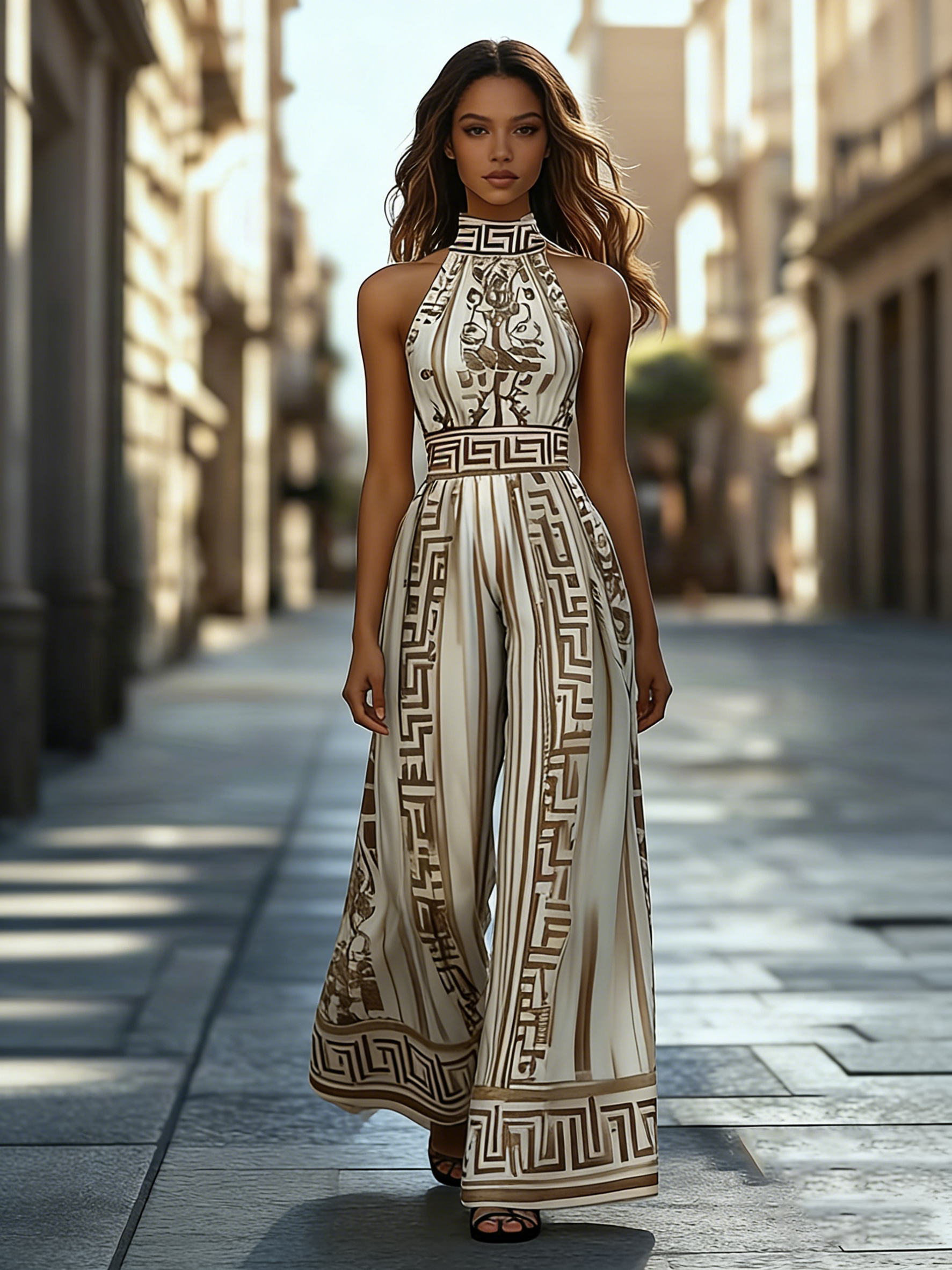 Women's Greek Key Print Off-Shoulder Jumpsuit