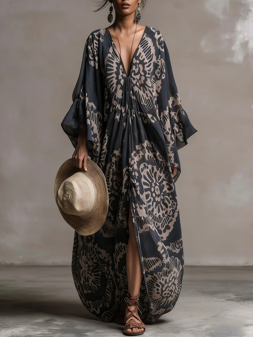 Retro V-neck Floral Print Vacation Maxi Dress