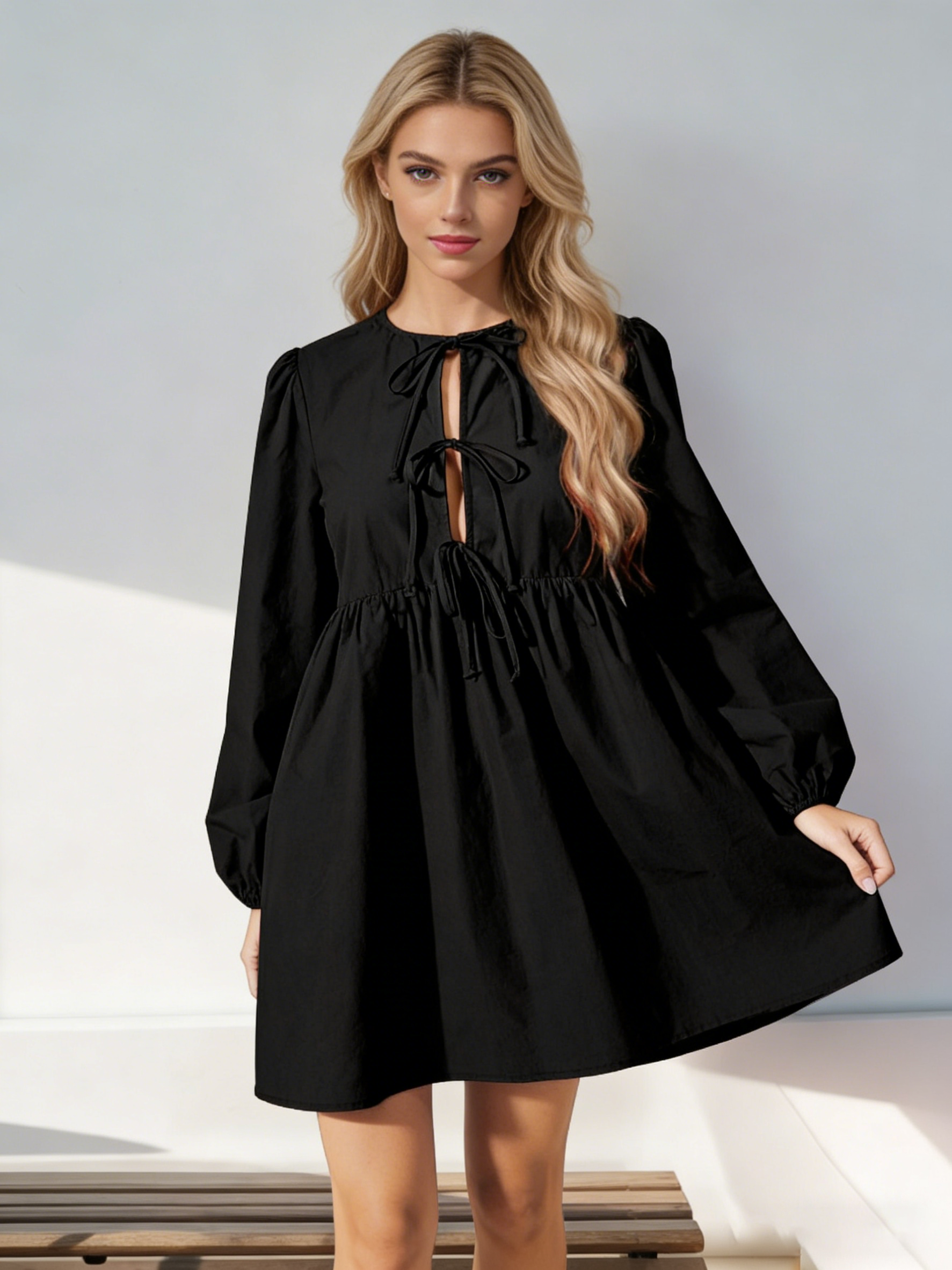 Womens Casual Babydoll Elegant Puff Sleeve Empire Waist Mini Dress