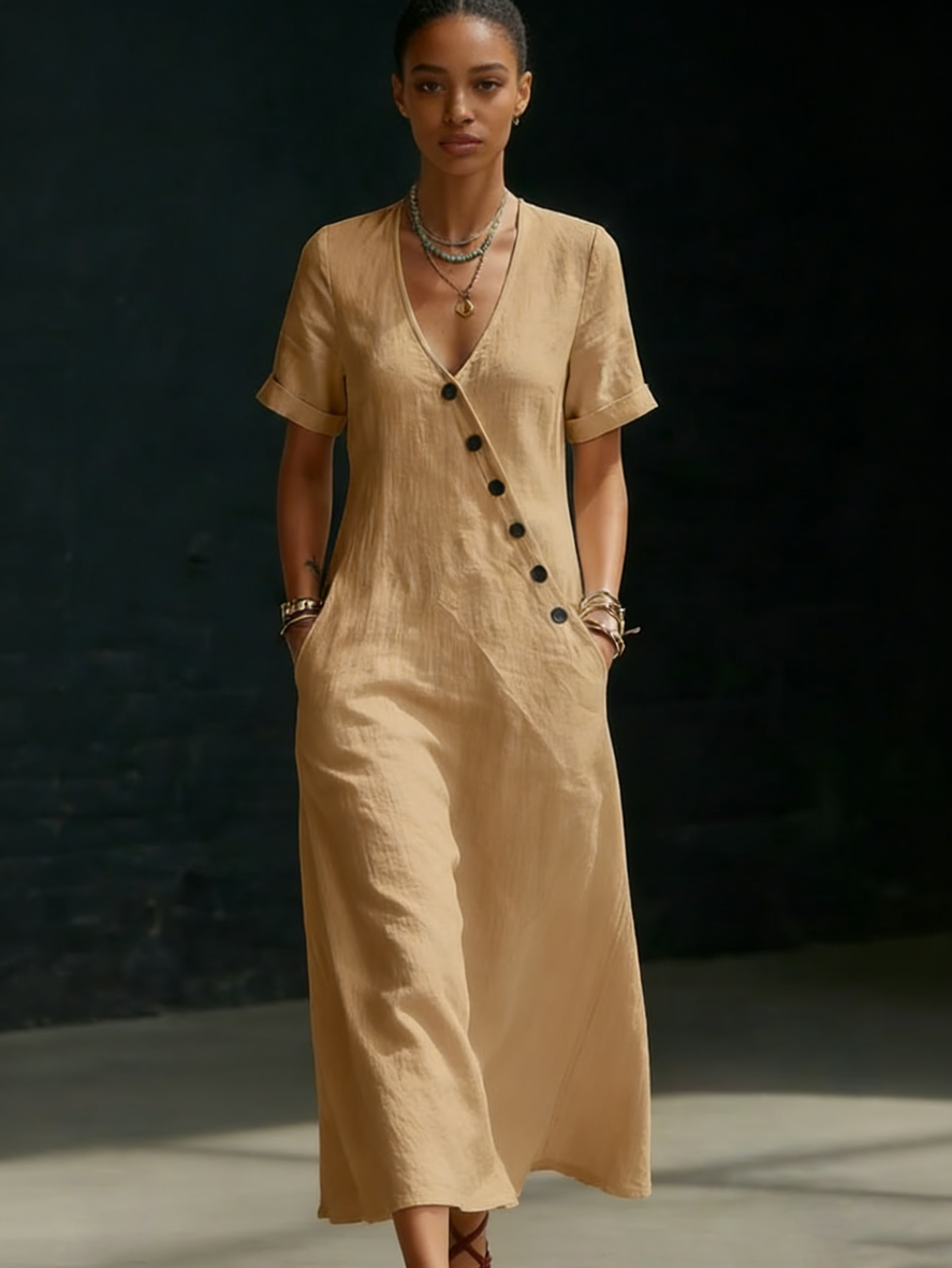 Cozy Minimalist Button-up Loose Linen Cotton Dress