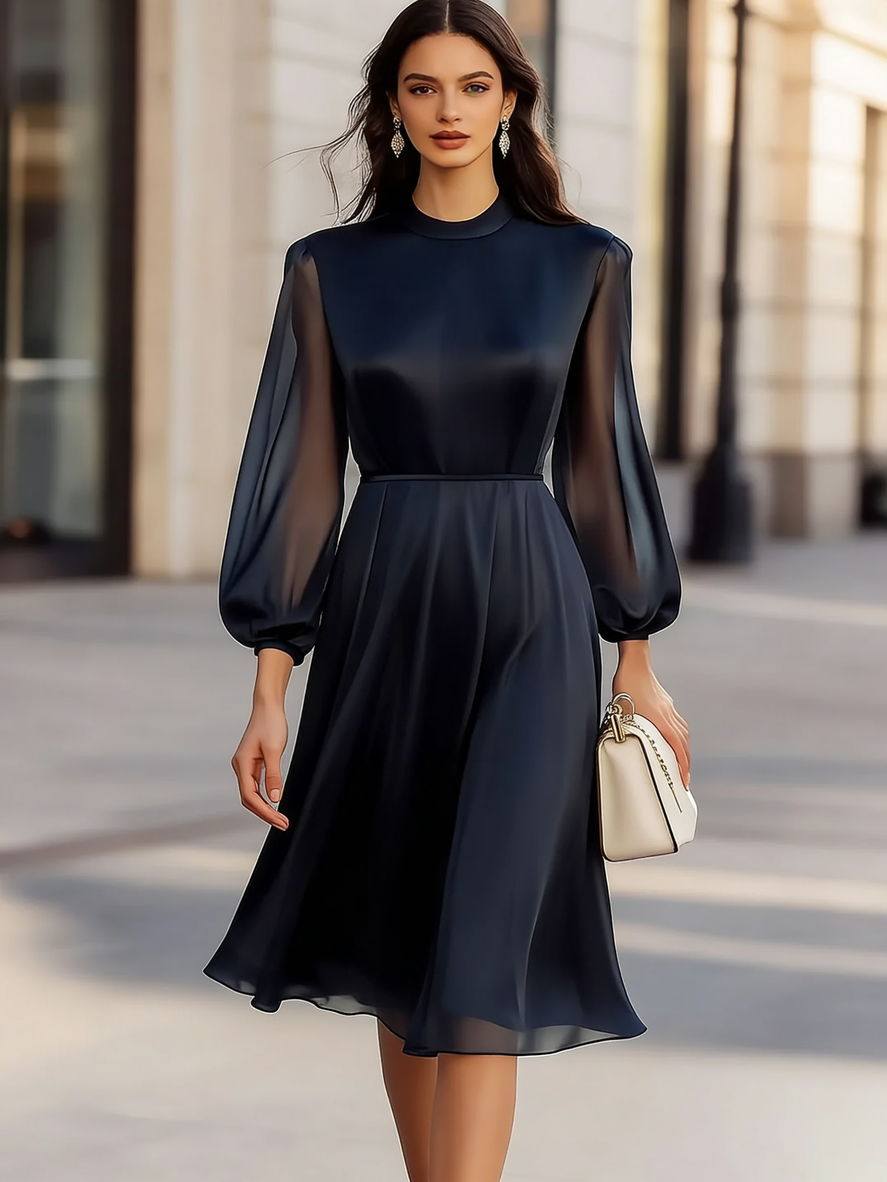 Elegant New Autumn/Winter French Style High-End Navy Blue Chiffon Dress