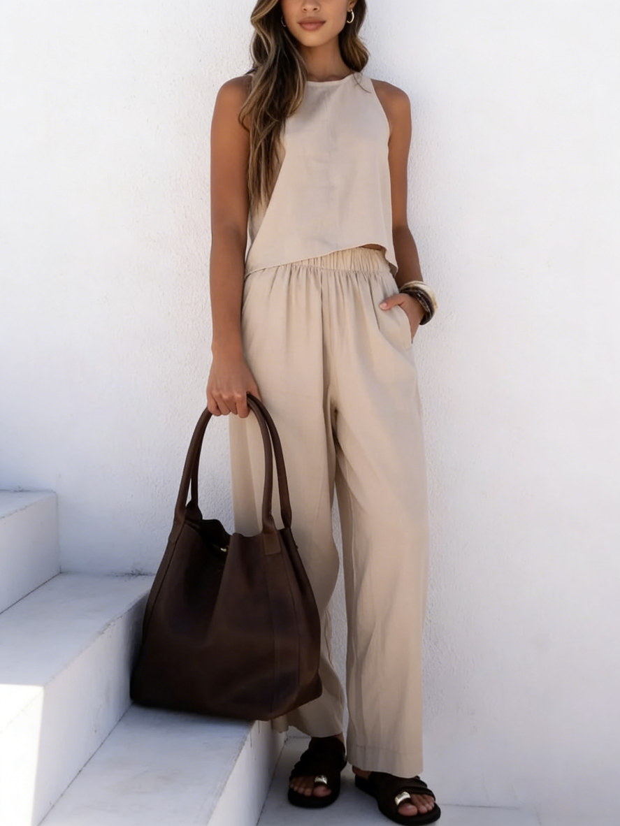 Casual Cozy Back Button Design Linen And Cotton Two-piece Set