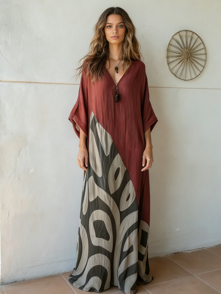 Women's Geometric Patchwork V-neck Casual Cotton And Linen Dress