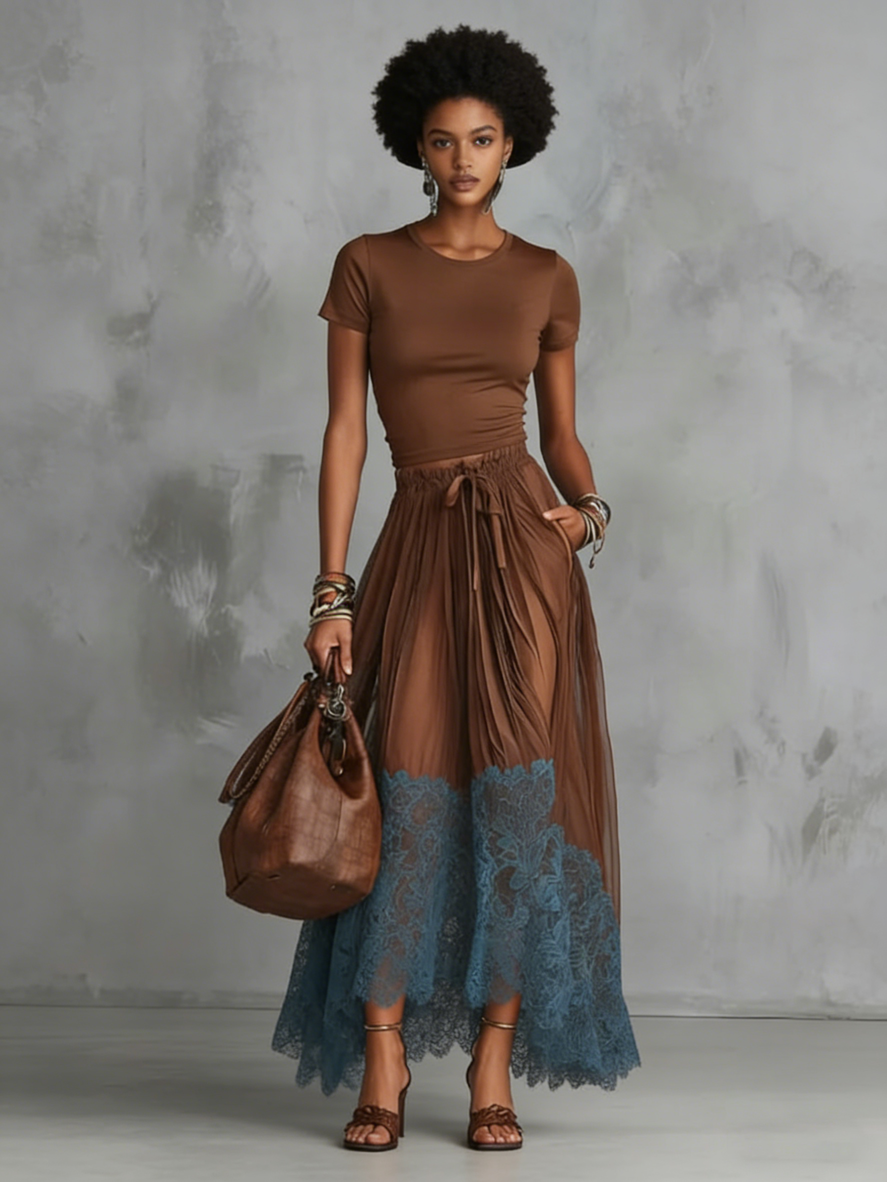 Stylish Stretch T-shirt And Lace-trimmed Skirt Two-piece Set