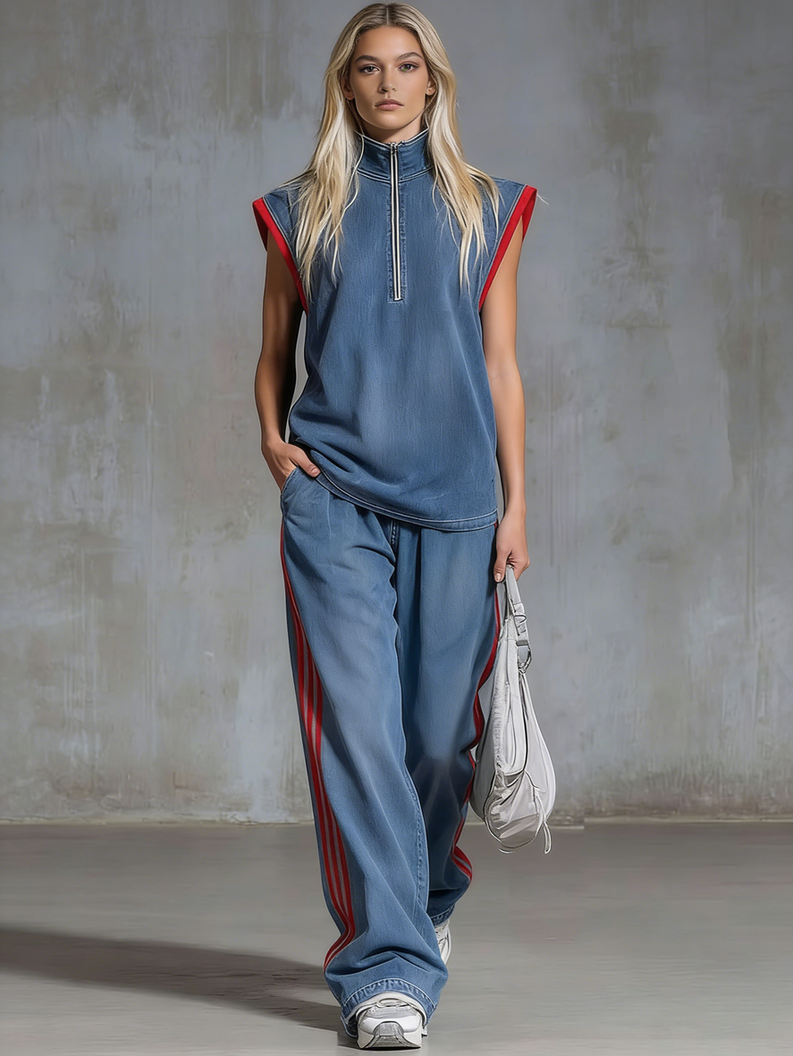 Casual Half-zip Sleeveless Denim Top And Pants Two-piece Set