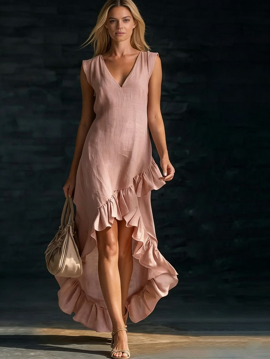 Romantic V-neck Ruffled Hem Linen-cotton Maxi Dress