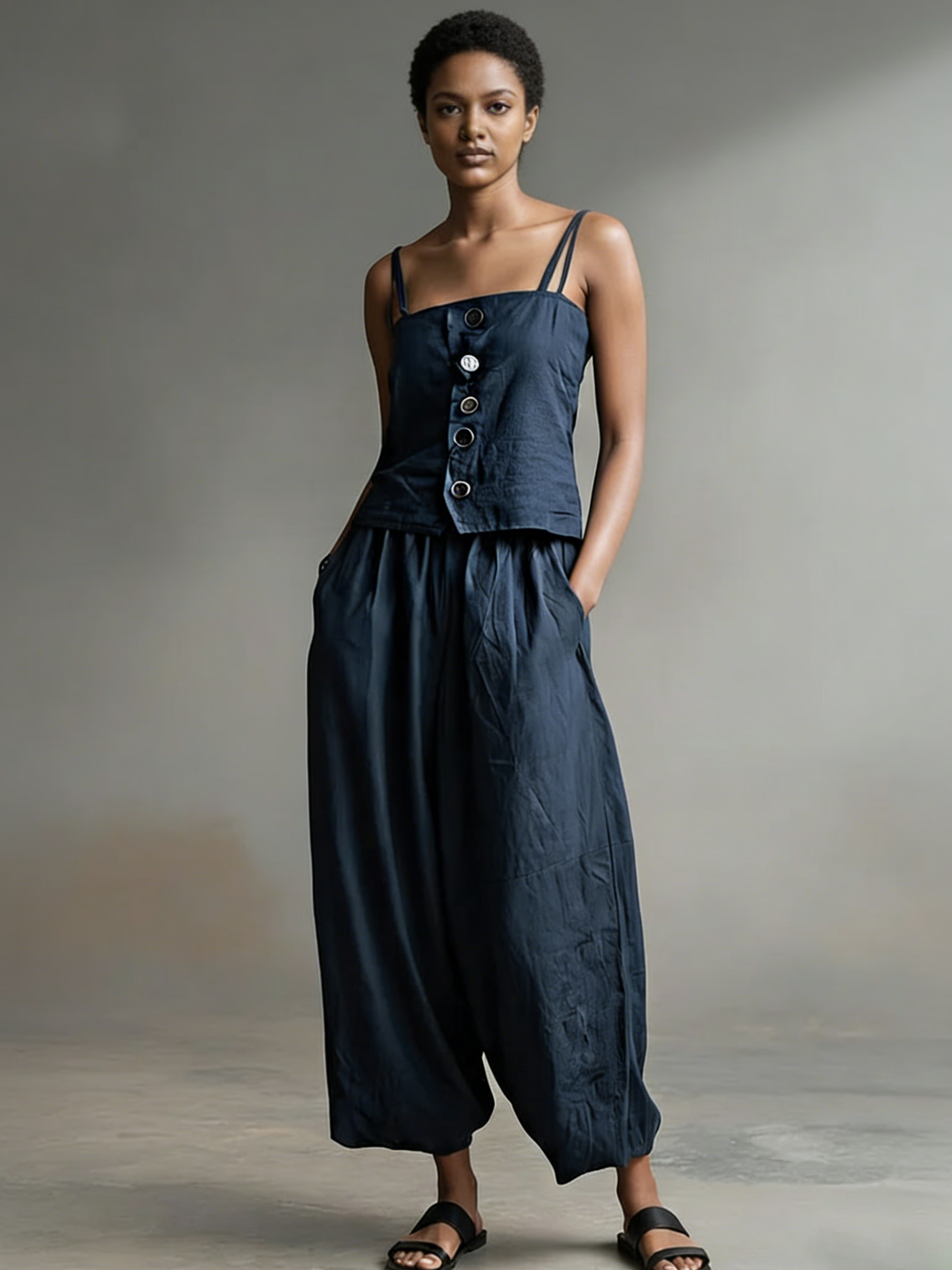 Women's Solid Color Sleeveless Casual Loose Camisole Top With Elastic Waist And Wide-leg Pants Cotton Set