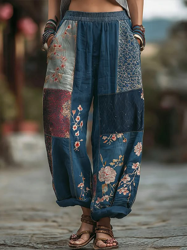 Women's Dark Blue Floral Patchwork Linen Wide-Leg Pants