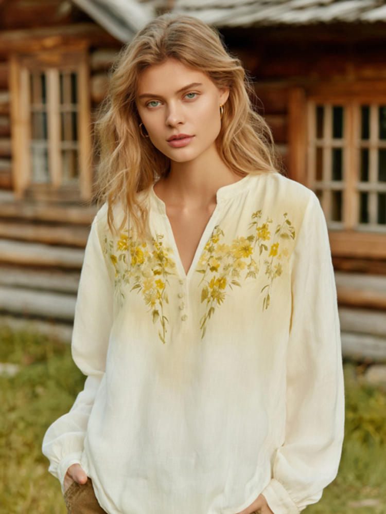 Women's Bohemian Floral V-neck Long-sleeved T-shirt