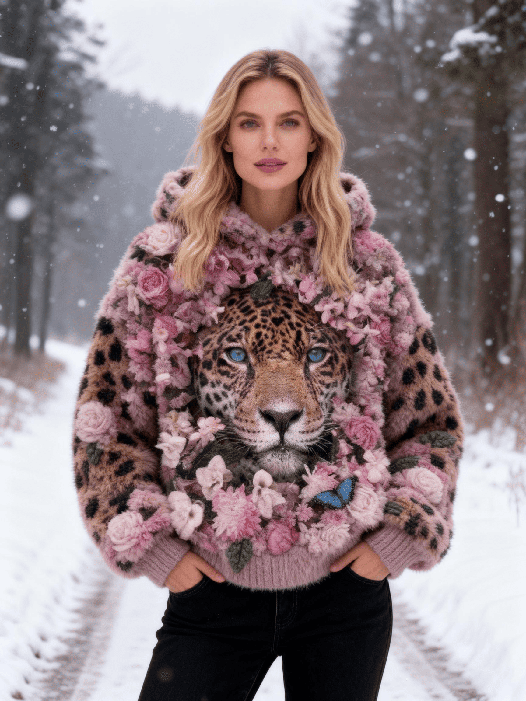 Women's Pink Floral Leopard Fuzzy Hoodie