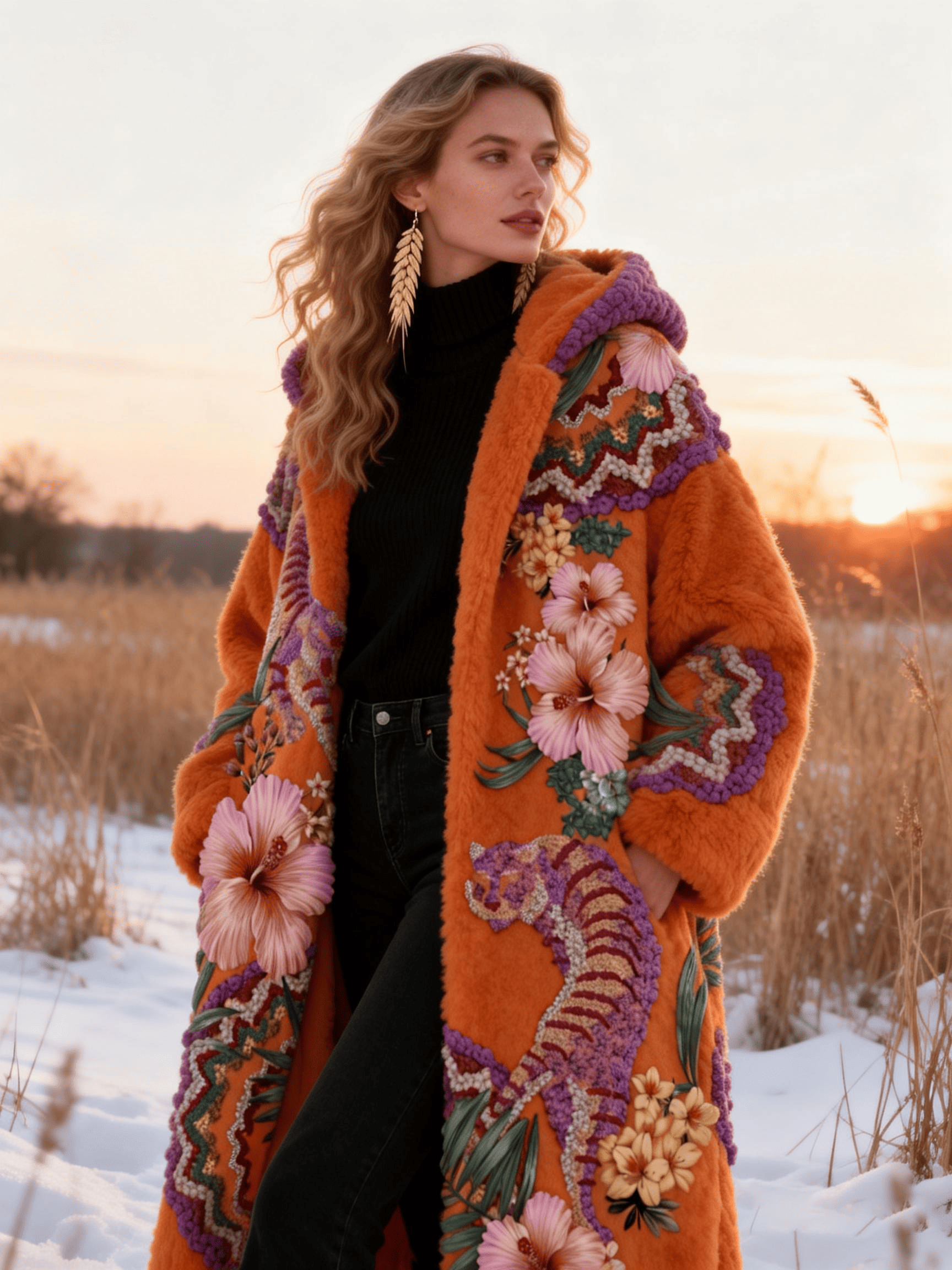 Women's Orange Seahorse & Floral Embroidery Faux Fur Panel Coat