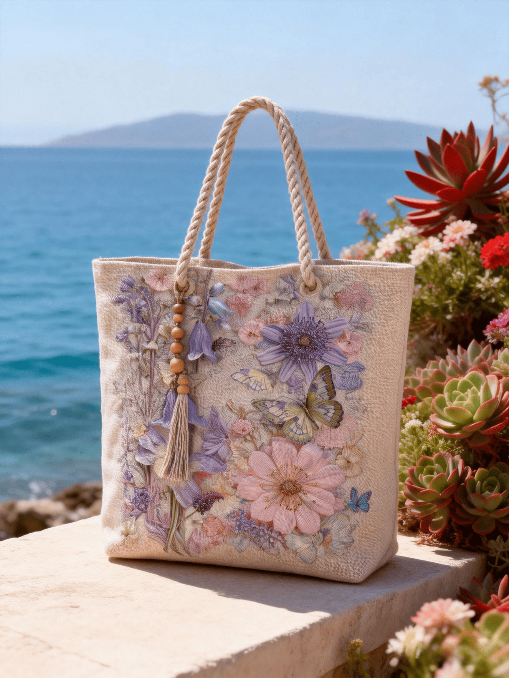 Light Beige Purple Butterfly Floral Embroidery Tote Bag