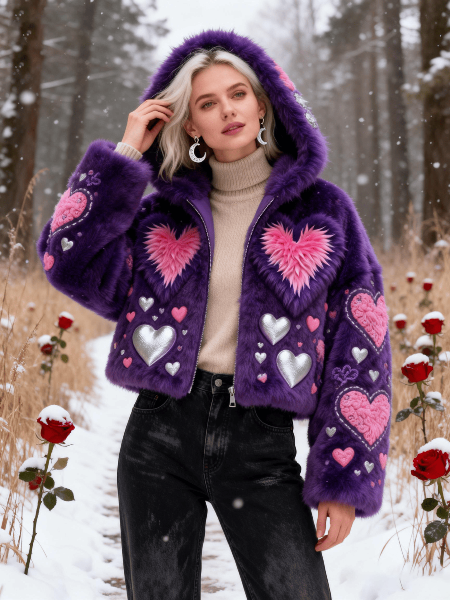 Women's Purple & Pink Heart Plush Hooded Jacket
