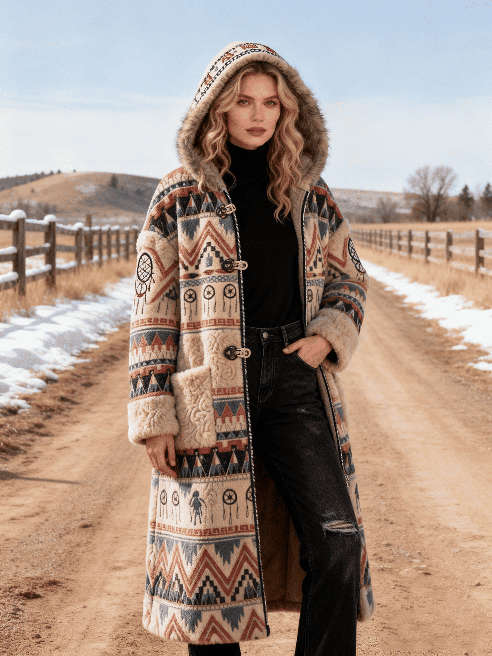 Women's Dreamcatcher Pattern Faux Fur Hooded Long Coat