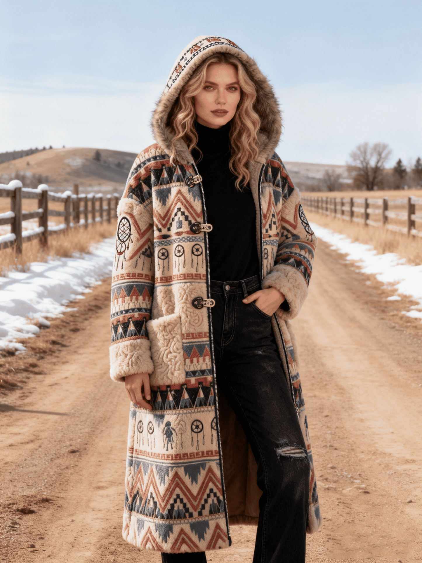 Women's Dreamcatcher Pattern Faux Fur Hooded Long Coat