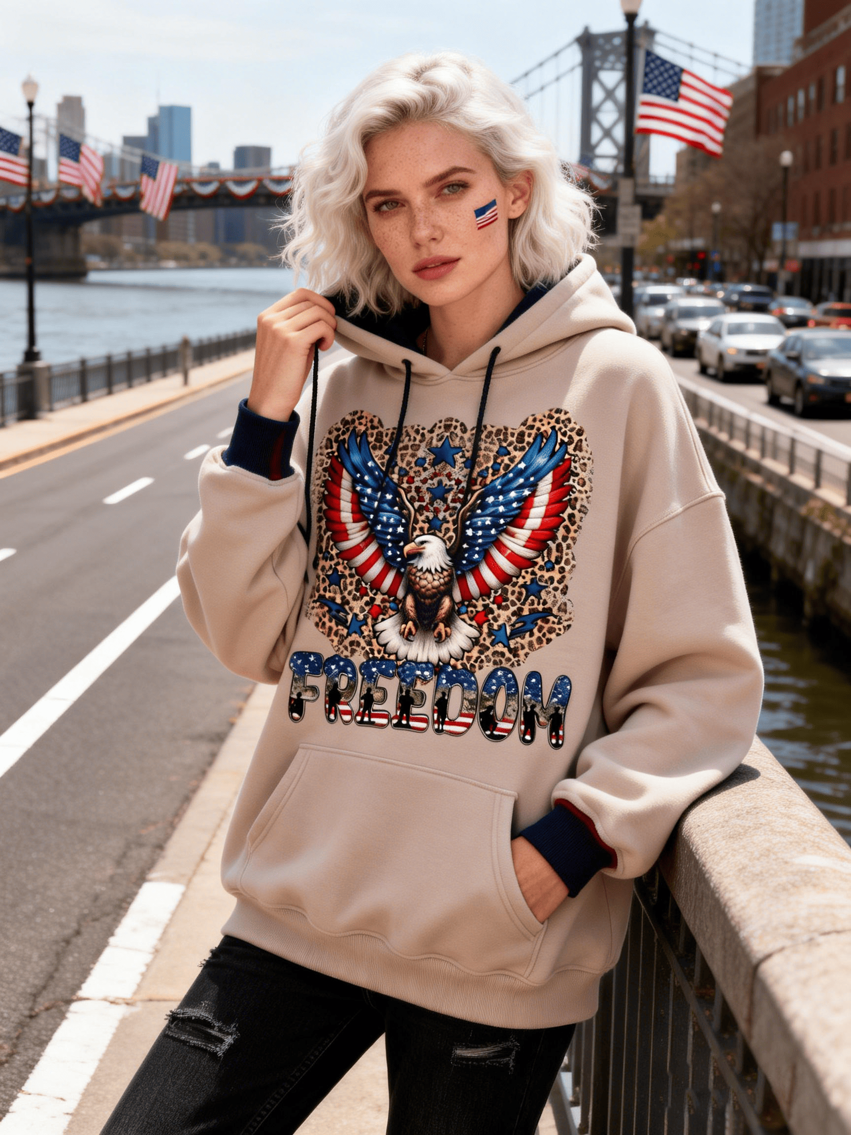 Women's USA 250th Anniversary Leopard Print Bald Eagle "FREEDOM" Beige Hoodie