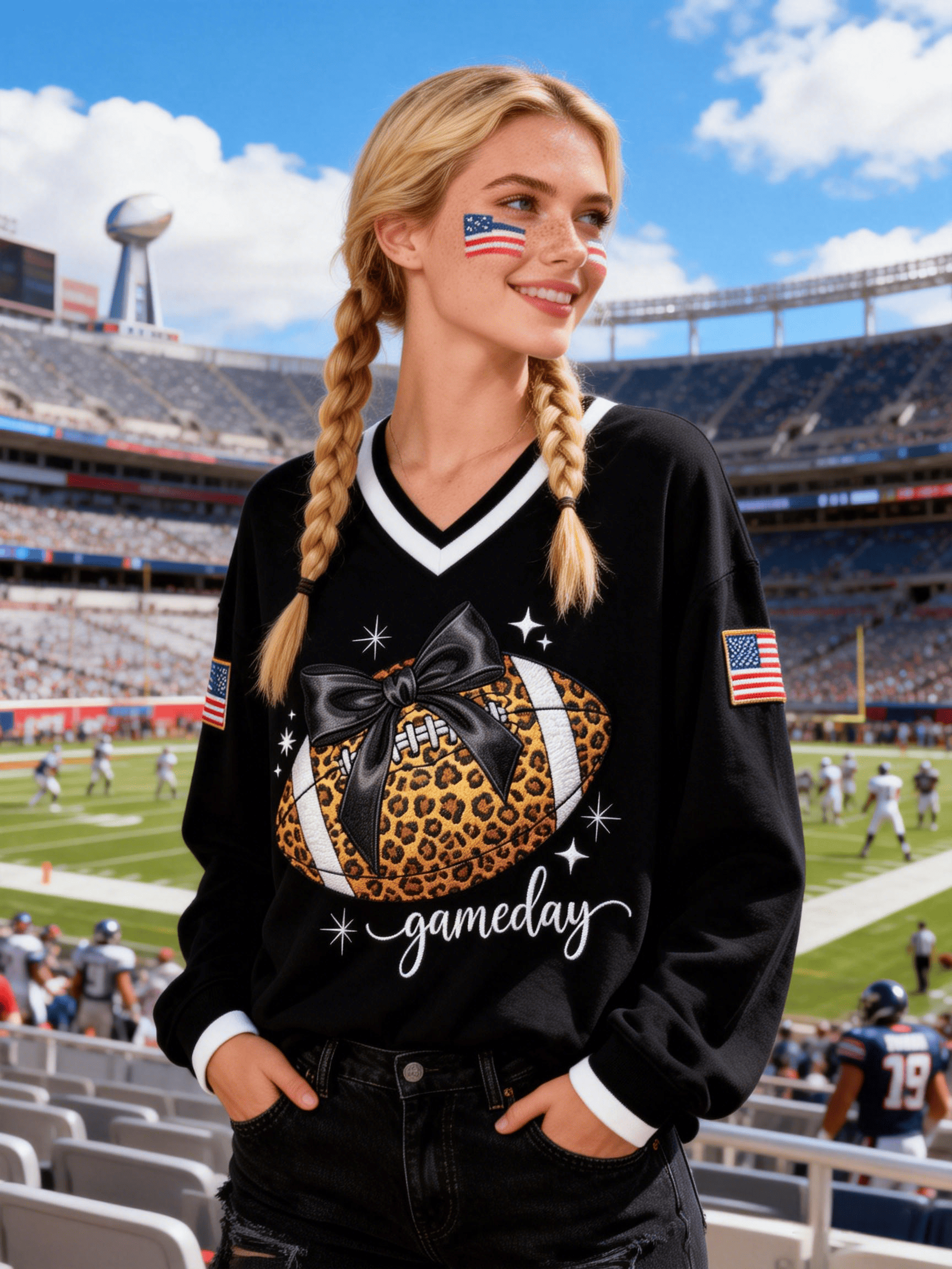 Women's Black Leopard Football Gameday V-Neck Sweatshirt