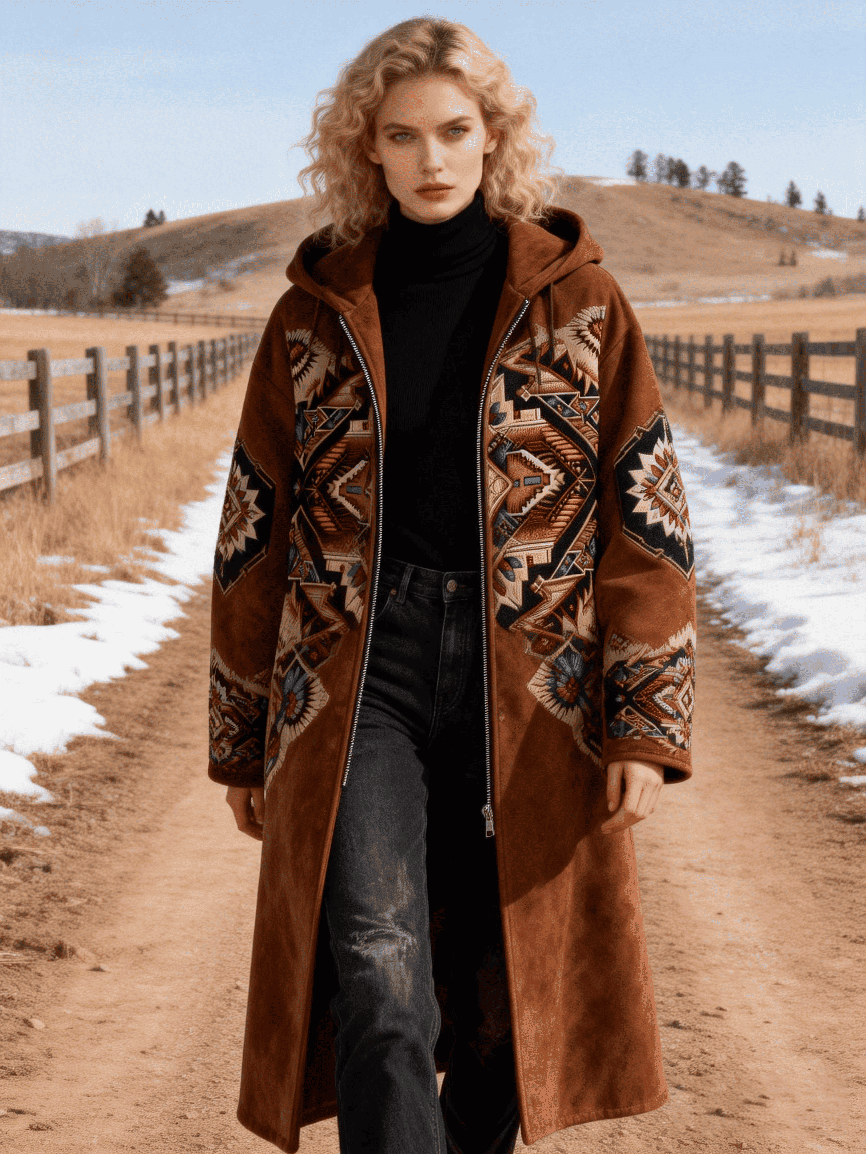 Women's Retro Ethnic Totem Appliqué Hooded Long Coat