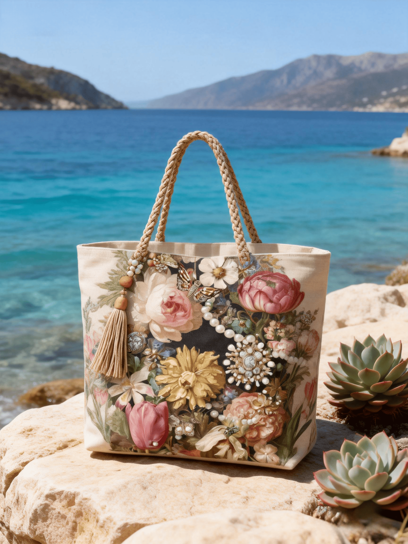 Beige 3D Floral Collage Tote Bag