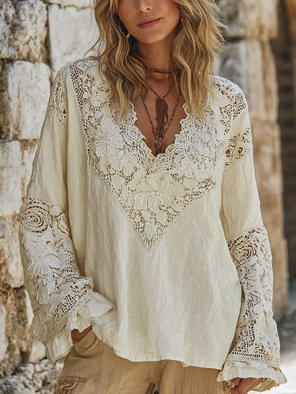 Women's Vintage Floral Lace Embroidery Art V-neck Shirt