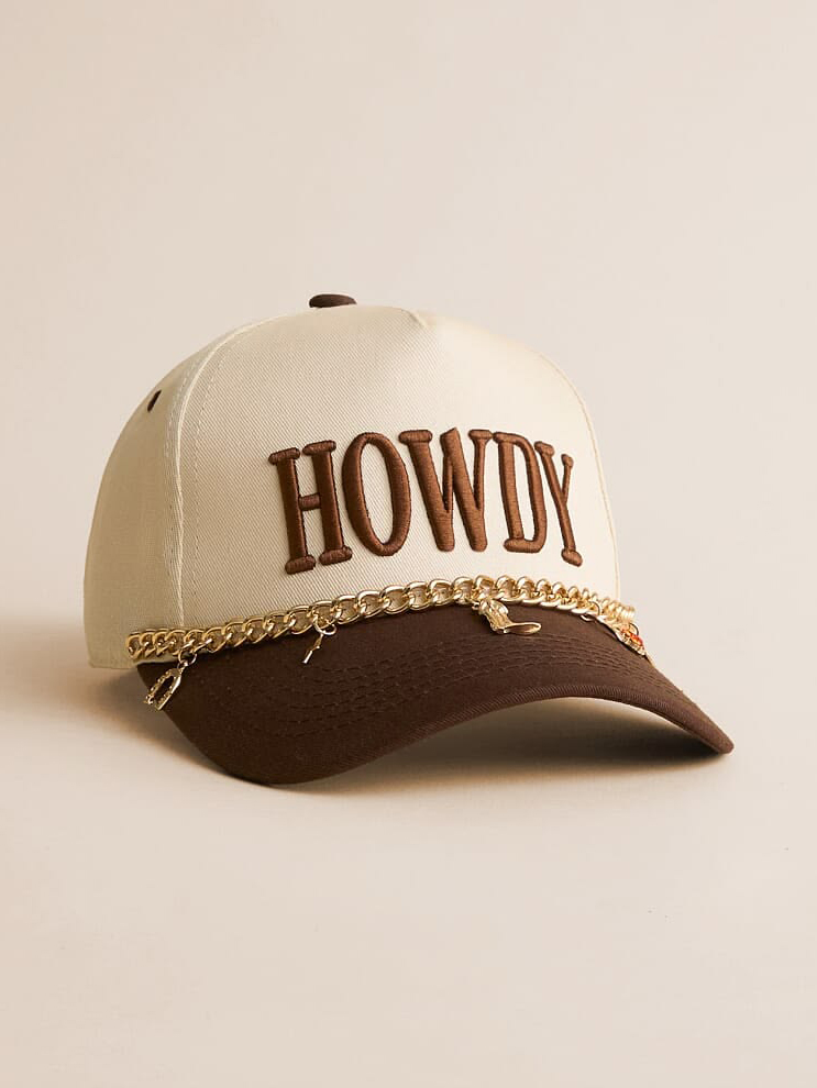 Beige & Brown "HOWDY" Gold Chain Baseball Cap