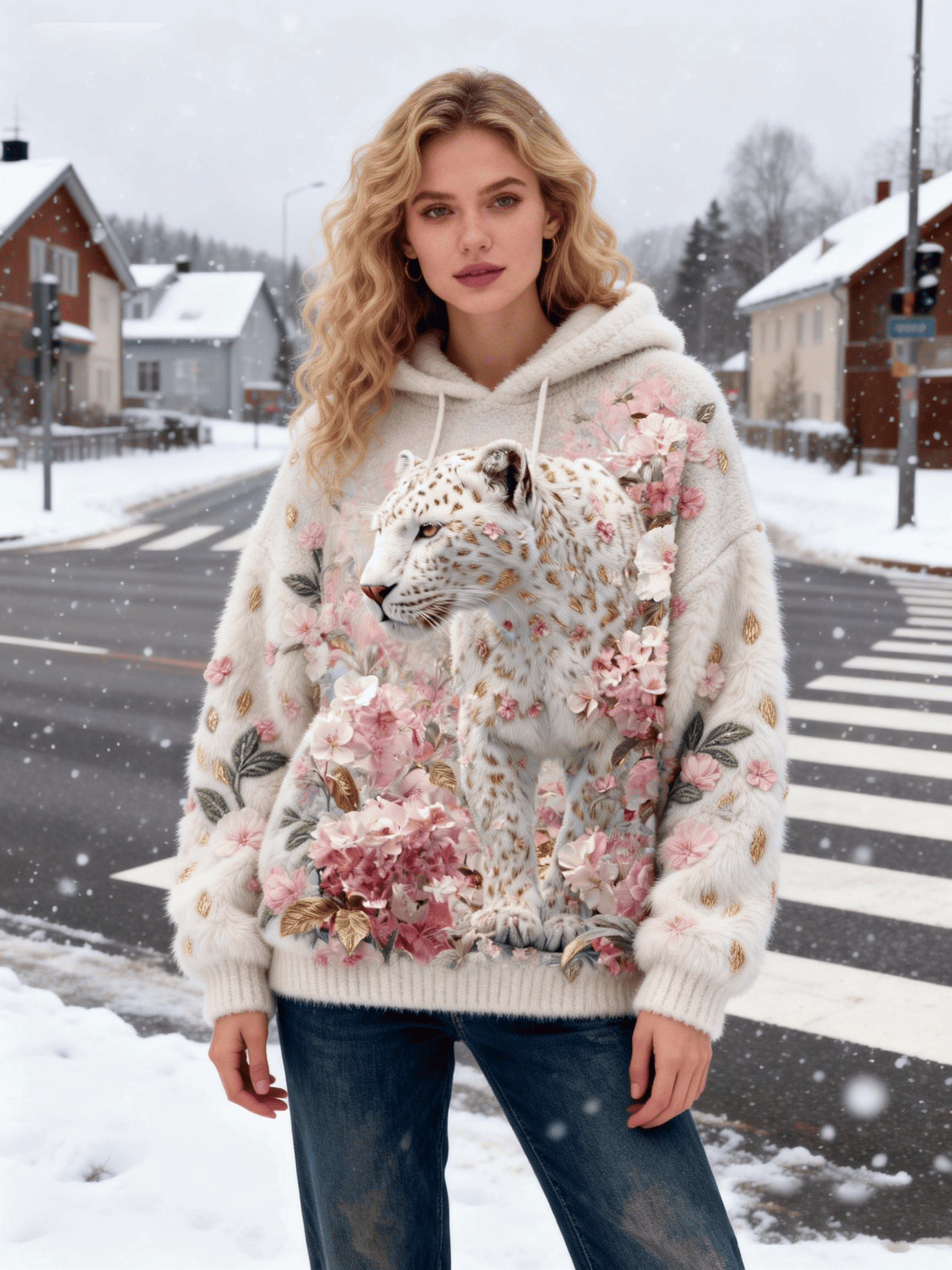 Women's White Snow Leopard Floral Fuzzy Hoodie