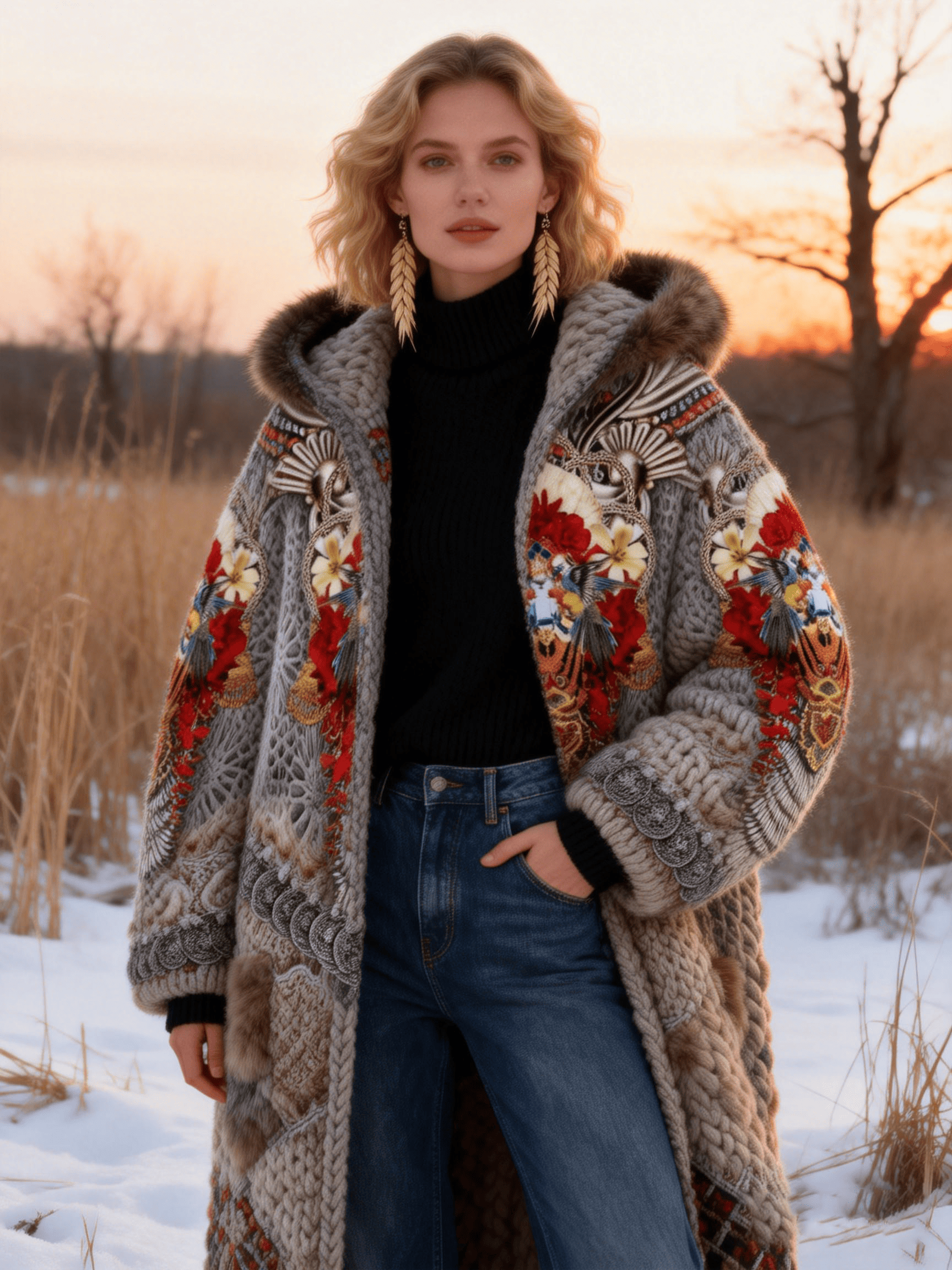 Women's Bohemian Hand-Knit Embroidered Floral & Bird Hooded Coat with Fur Trim