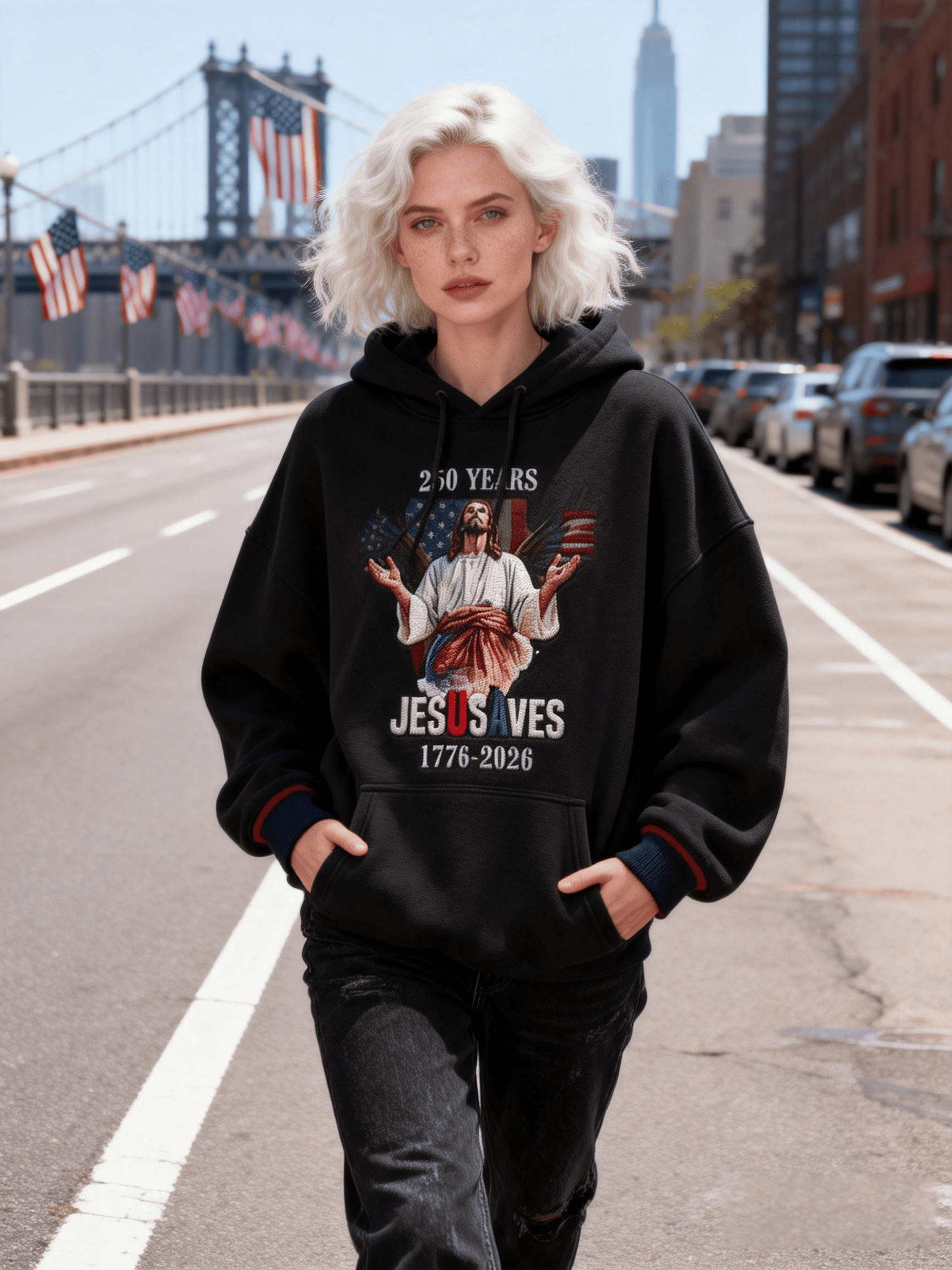 Women's USA 250th Anniversary (1776-2026) "JESUS SAVES" Jesus Image Black Hoodie