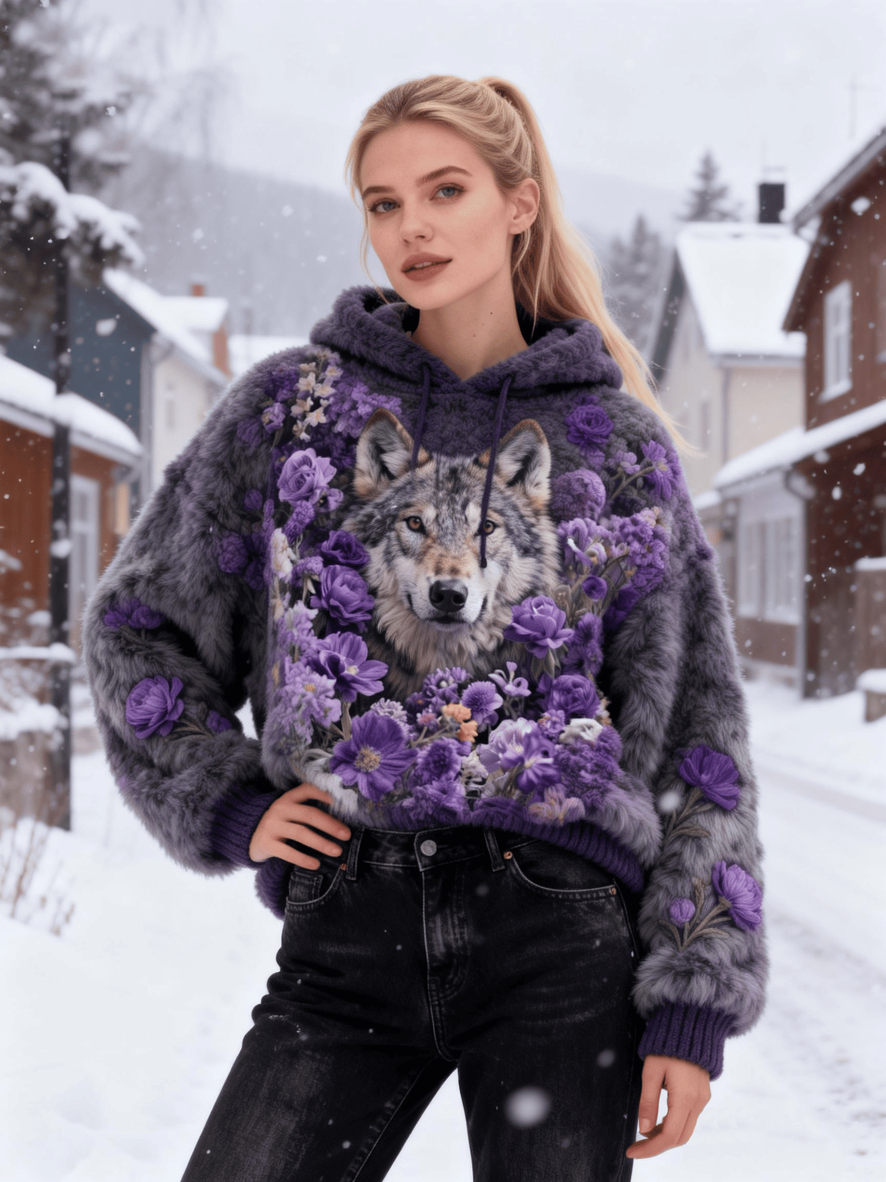 Women's Purple Wolf Floral Fuzzy Hoodie
