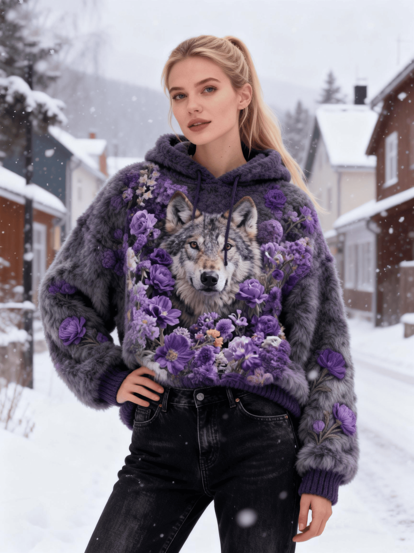 Women's Purple Wolf Floral Fuzzy Hoodie
