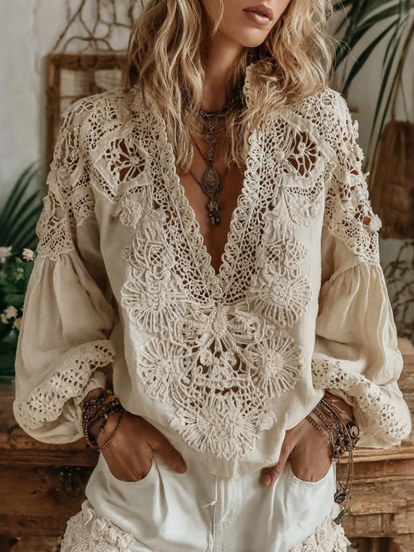 Women's Vintage Floral Lace Embroidered Art Comfy V Neck T-shirt