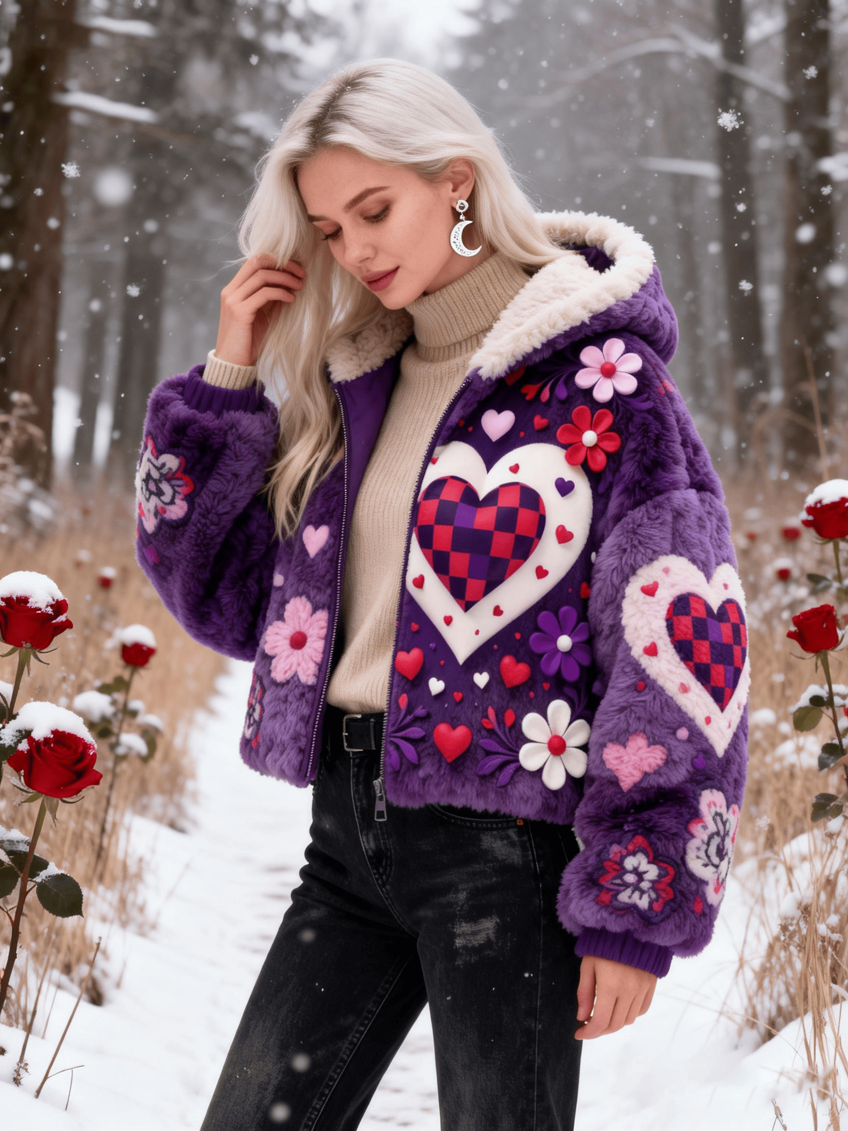 Women's Purple Checkerboard Heart Plush Jacket