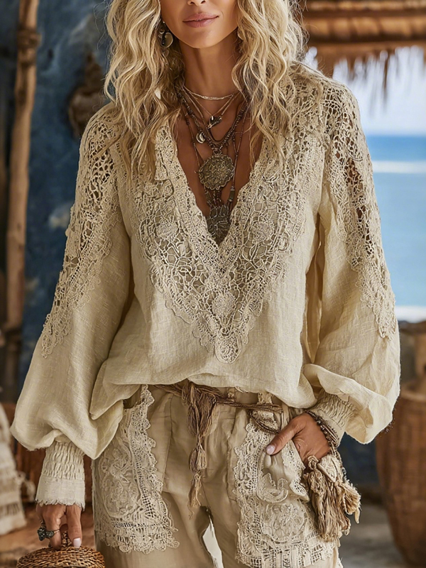 Women's Vintage Floral Lace Embroidered Art Comfy T-shirt