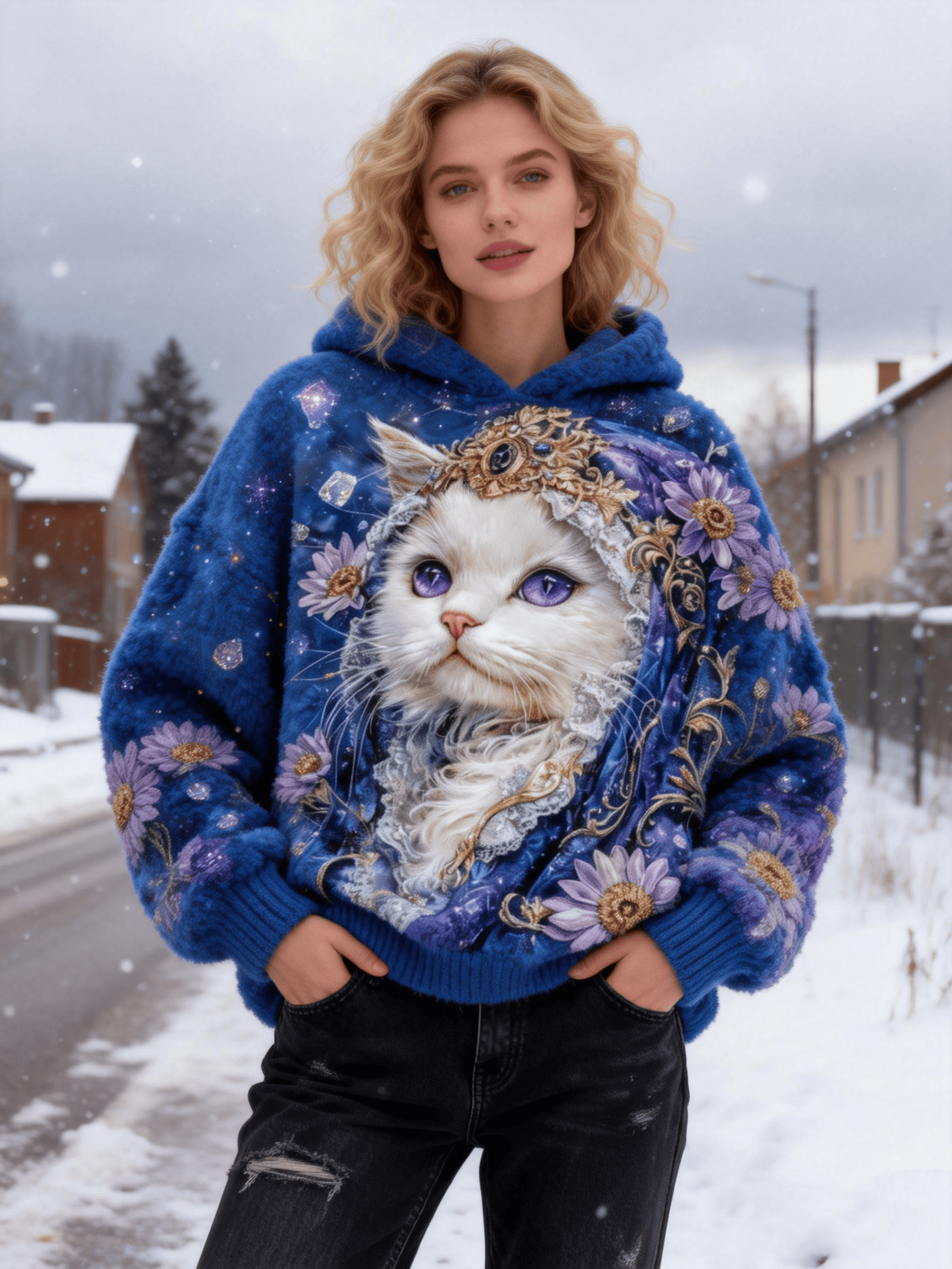Women's Royal Cat Galaxy Print Fuzzy Hoodie