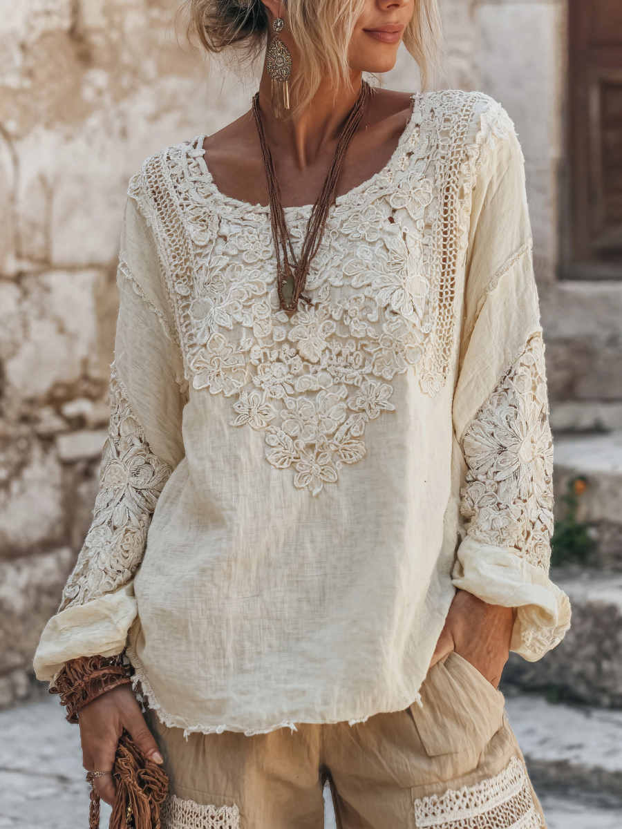 Women's Vintage Floral Lace Embroidered Linen Crew Neck T-shirt