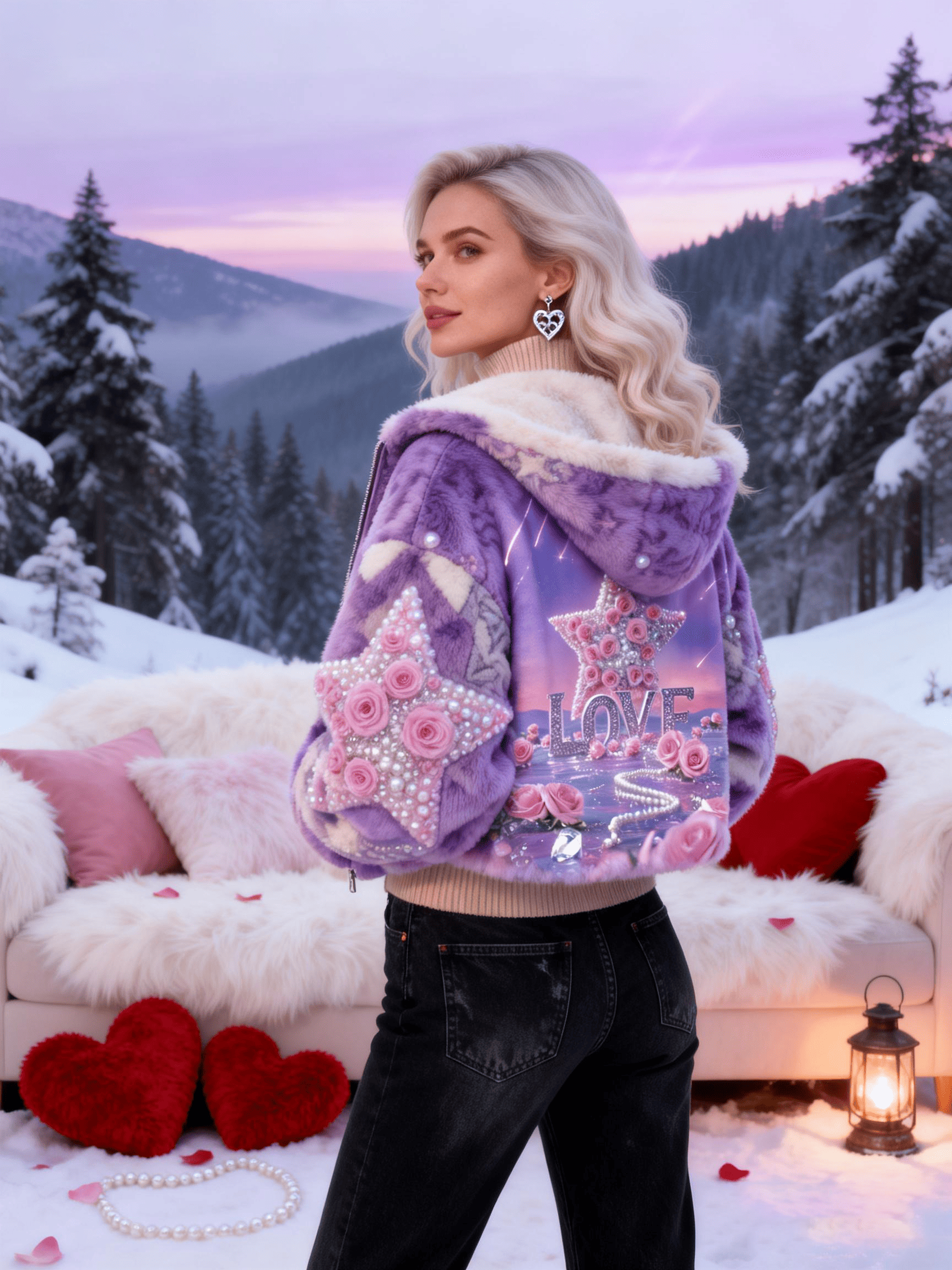 Women's Purple Star & Pearl LOVE Plush Jacket