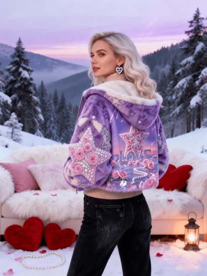 Women's Purple Star & Pearl LOVE Plush Jacket