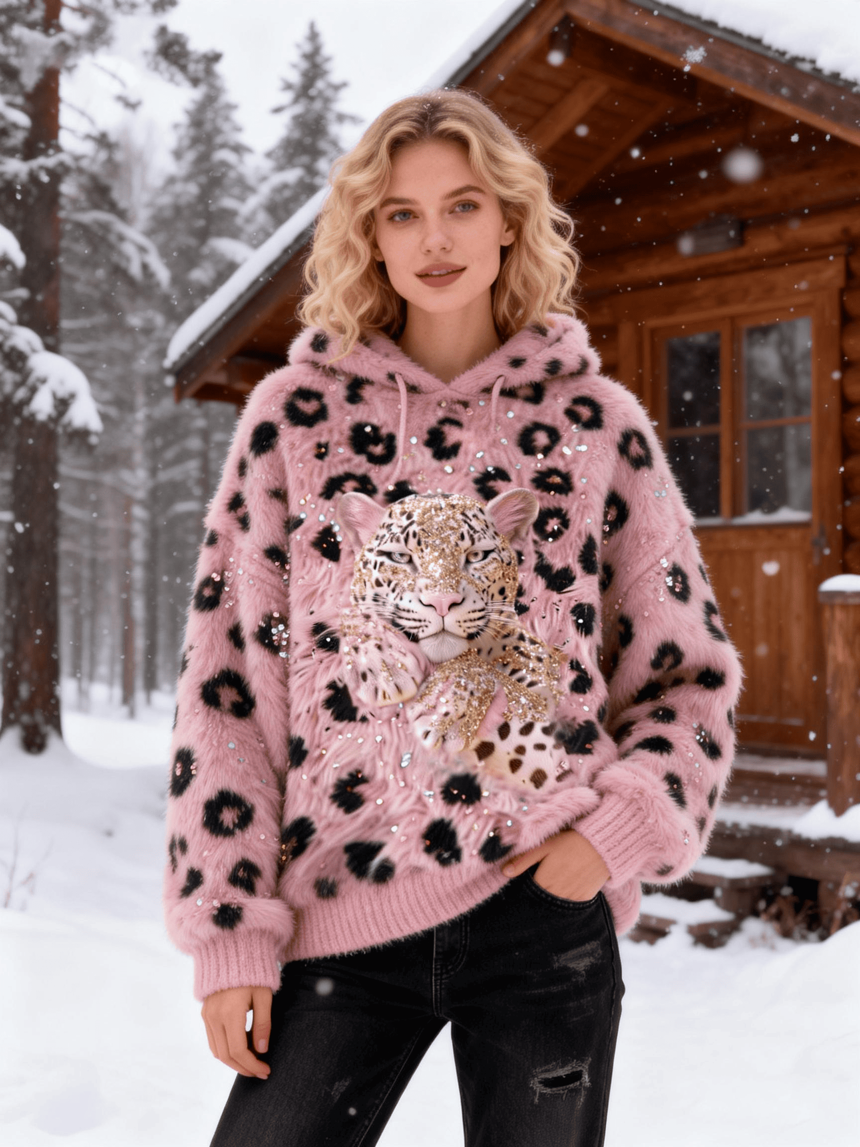 Women's Pink Sequin Leopard Fuzzy Hoodie