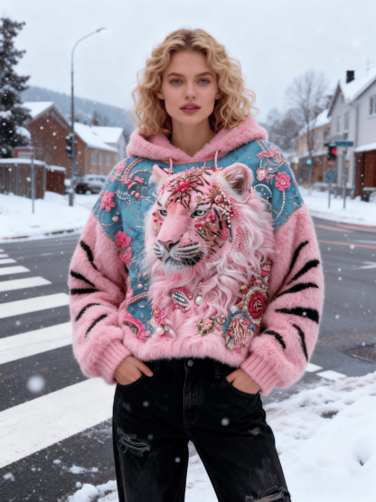 Women's Embellished Pink Tiger Fuzzy Hoodie