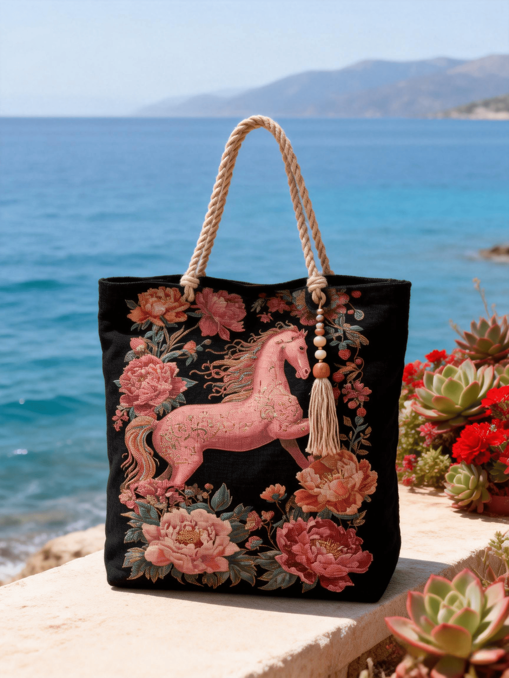 Black Base Pink Horse Floral Embroidery Tote Bag