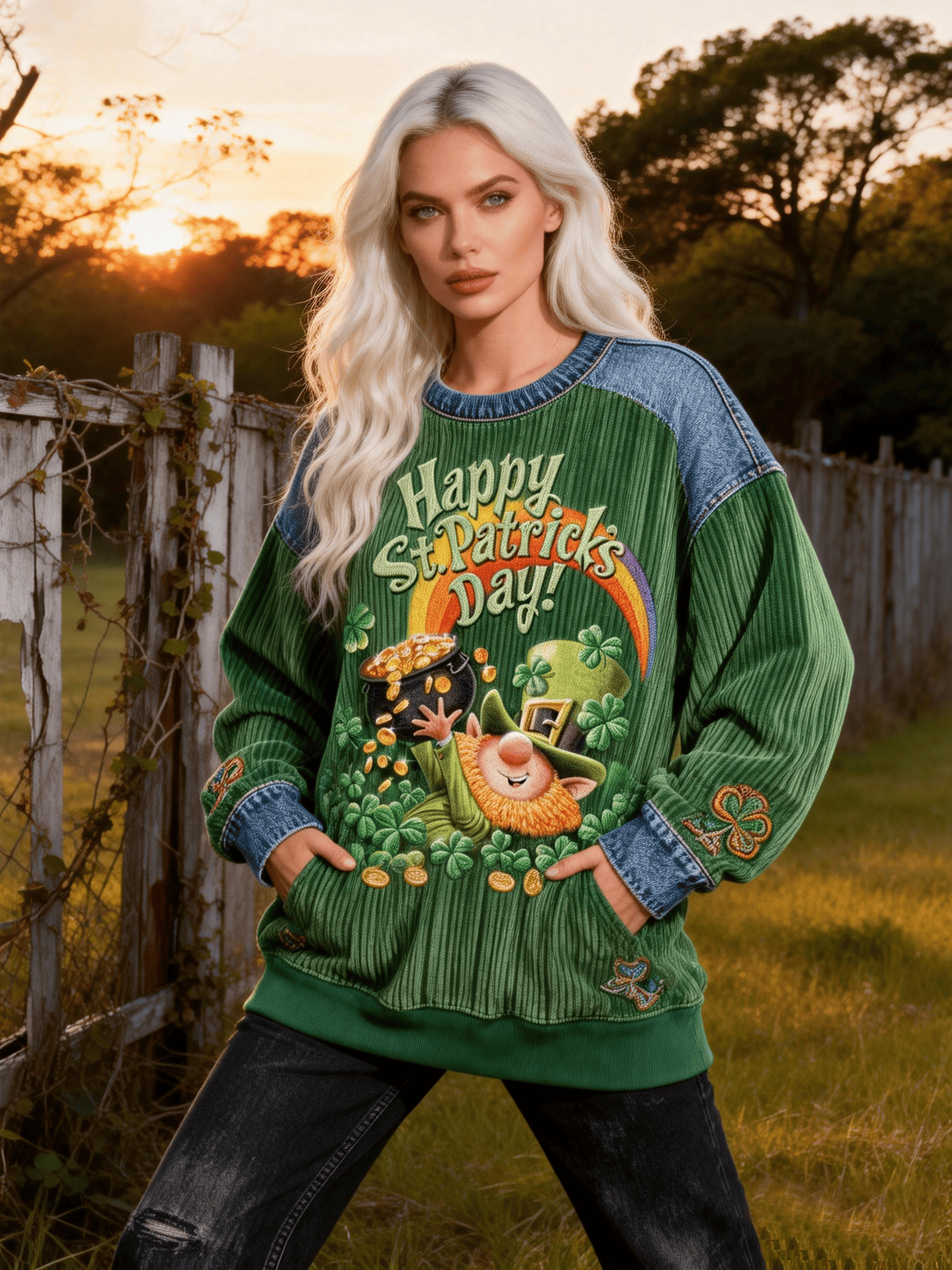 Women's St. Patrick's Day Rainbow Pot of Gold Gnome Sweatshirt - Corduroy Denim Patchwork Festival Top
