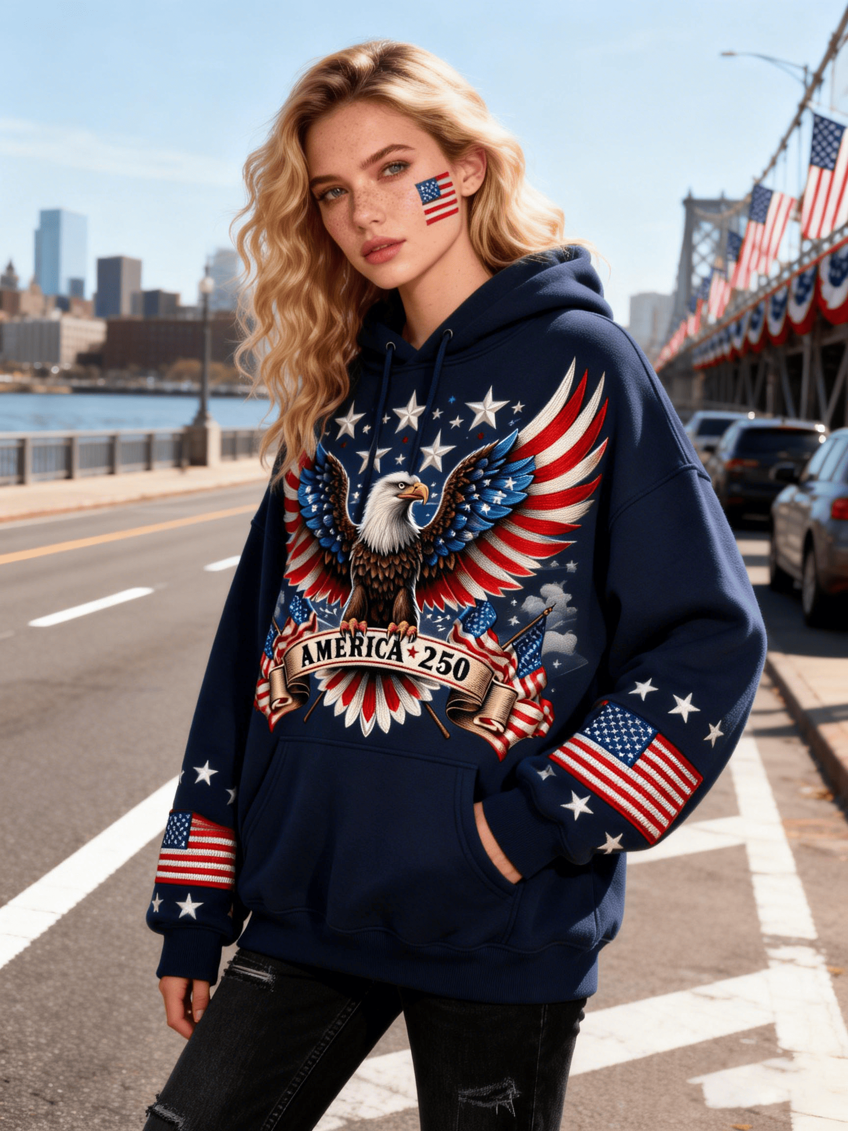 Women's USA 250th Anniversary "AMERICA 250" Bald Eagle Sleeve Flag Navy Hoodie