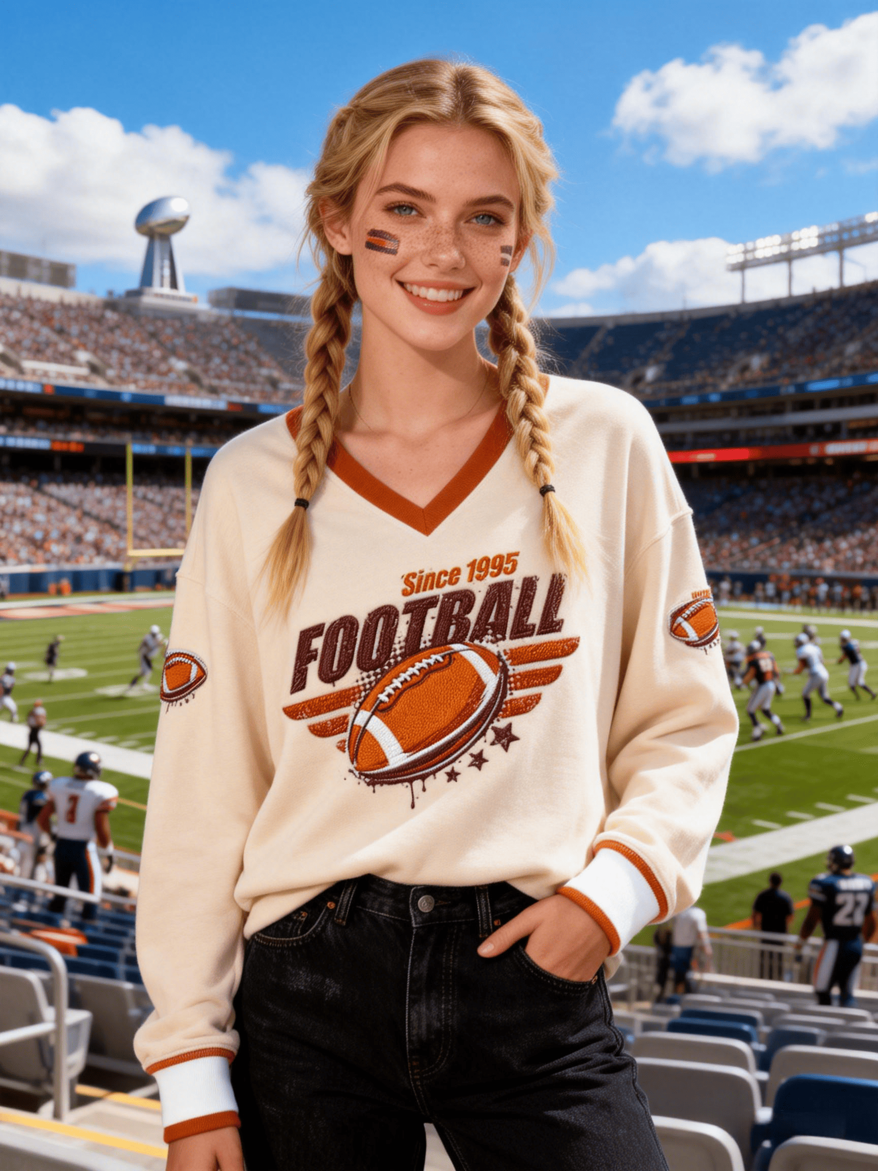 Women's Beige "Since 1995" Football V-Neck Sweatshirt