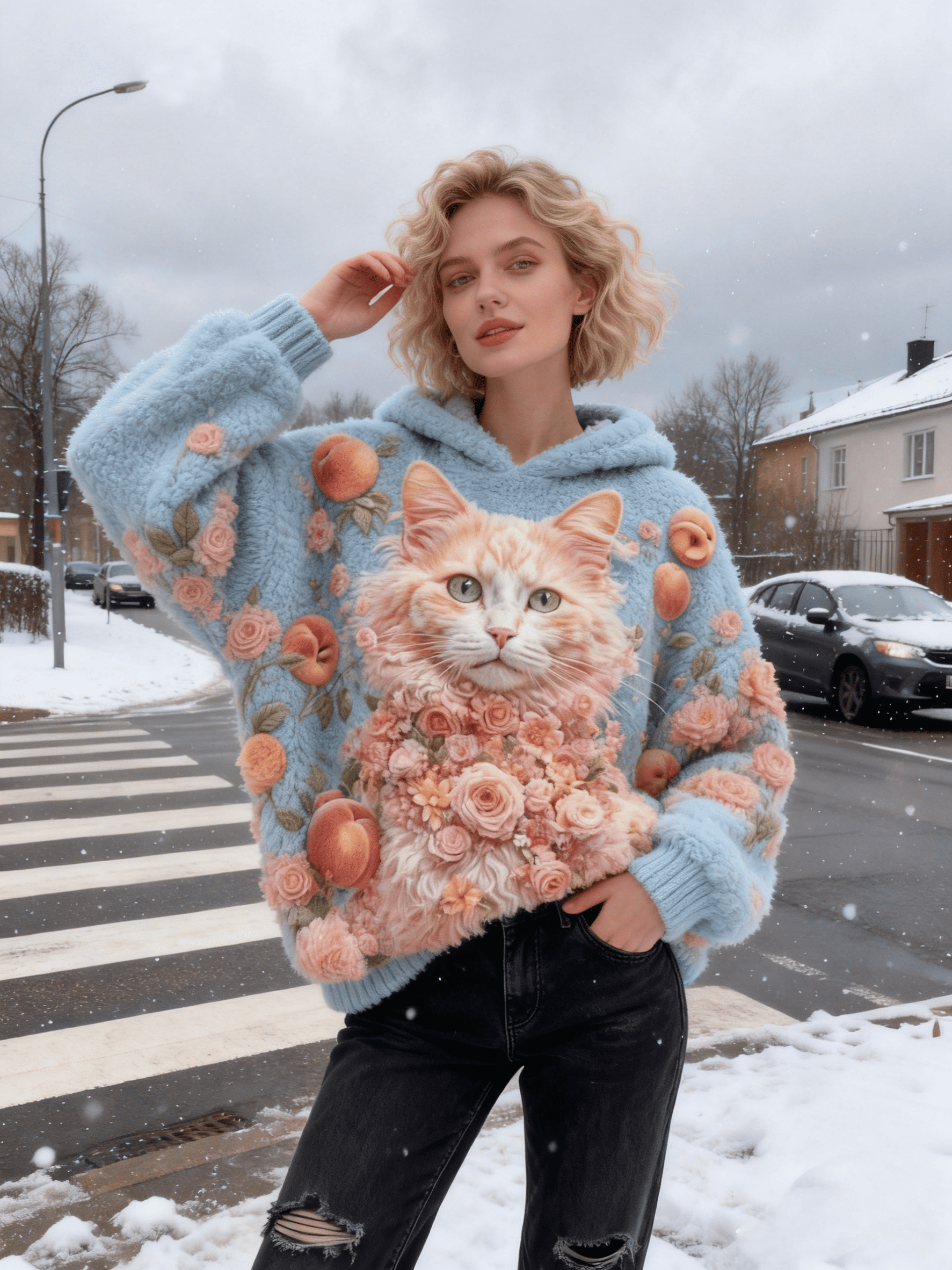 Women's Peach Cat Floral Fuzzy Hoodie