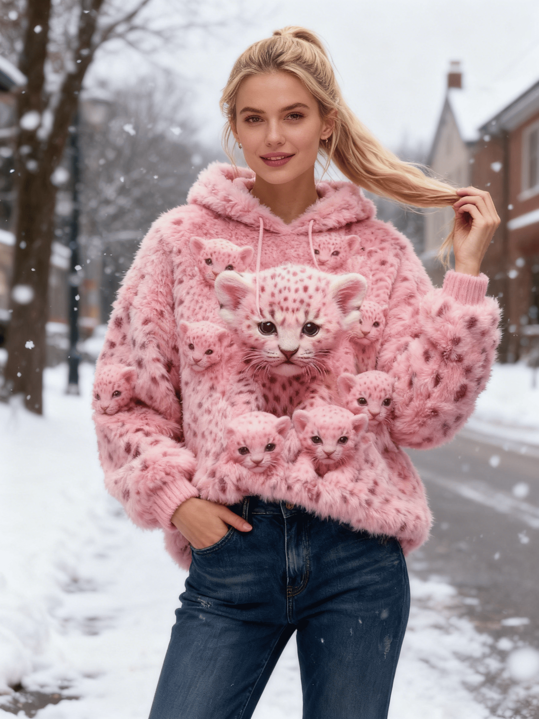 Women's Pink Leopard Cub Cluster Fuzzy Hoodie